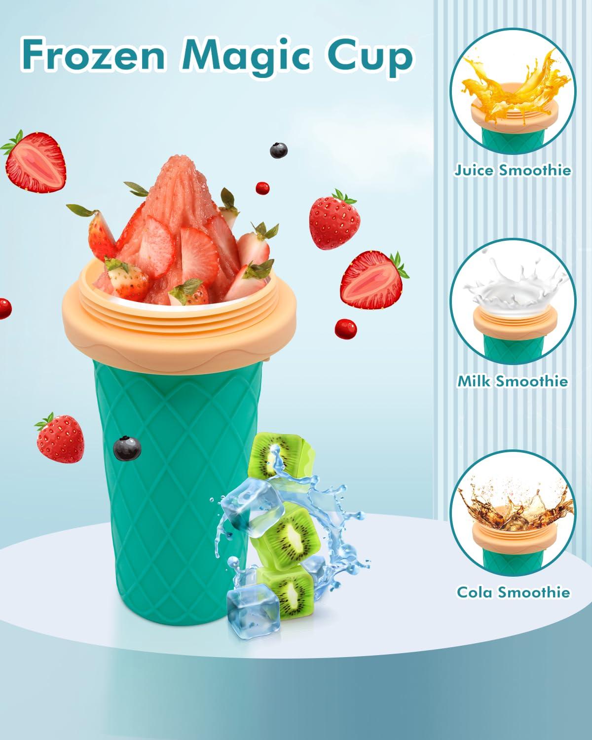 Bollove Slushie Cup, Smoothie Cups with Lids & Straws, Slushy Cup for Juices, Milk and Ice Cream Make, Portable Frozen Magic Slushie Cup Maker for Kids, Friends and Family (Green)