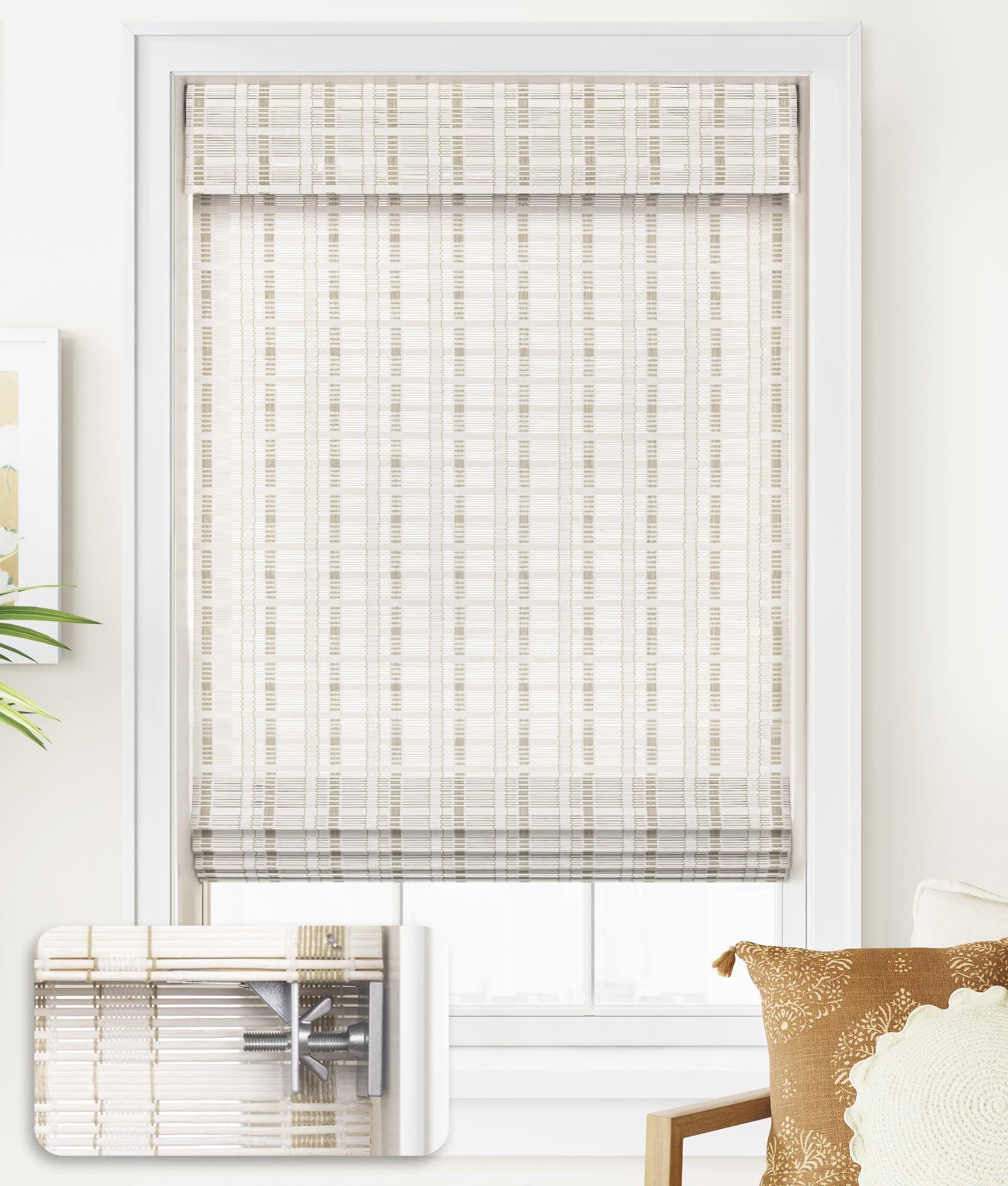 LazBlinds LazBlinds No Tools No Drill Cordless Bamboo Roman Shades, Light Filtering Window Treatment, Roll Up Bamboo Blinds for Window 39'' W x 64'' H, Whitewash B