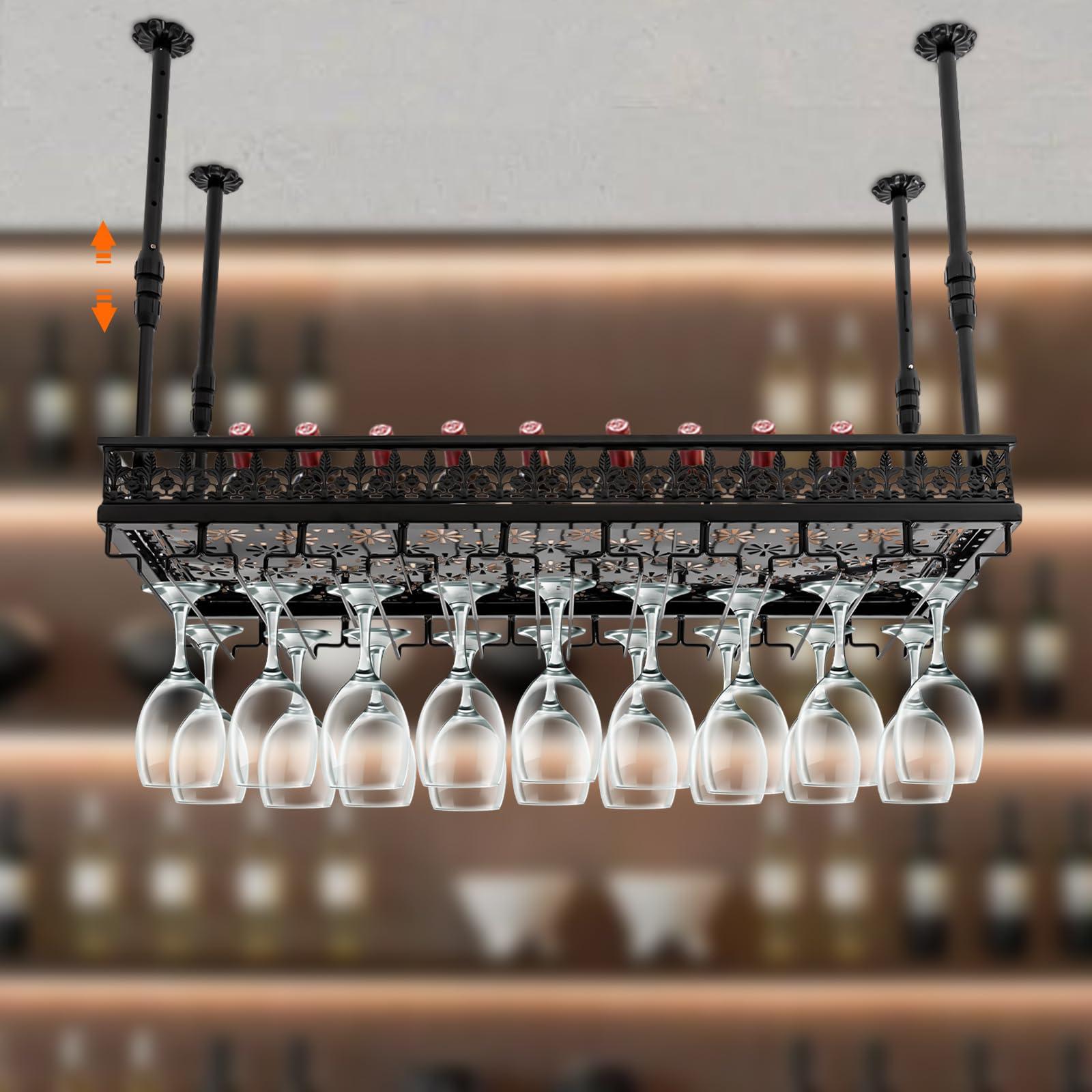 CNCEST Black Vintage Wine Glass Rack, 13.78\"- 21.65\" Height Adjustable Ceiling Mounted Hanging Wine Bottle Holder Stemware Hanger Rack Metal Bar Floating Shelf for Bar Kitchen, Capacity: 36 Goblets(L: 90cm)