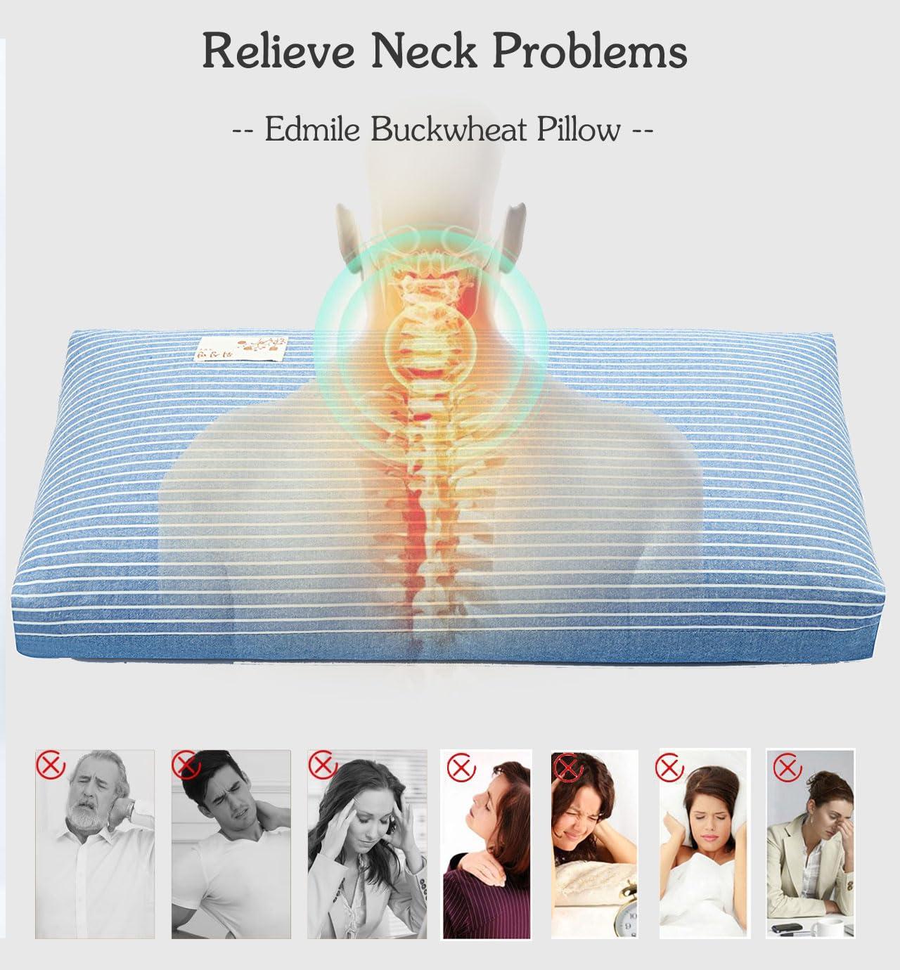 EDMILE EDMILE Buckwheat Bed Pillows for Sleeping, Firm Adjustable Pillow for Neck Pain Relief, Hard Flat Neck Support Pillow, Buckwheat Hull Meditation Cushion with Pillowcase, Blue 24\"X14\"