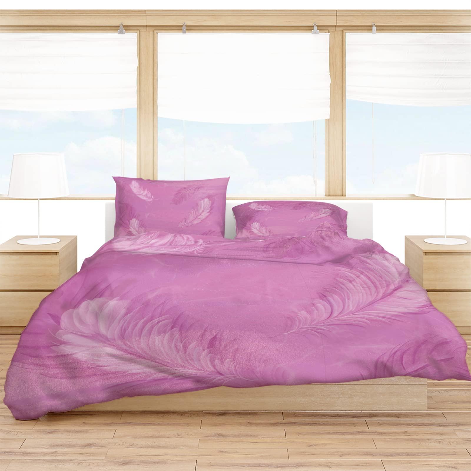 Debedcor Pink White Feather Duvet Cover Full Size, Fuchsia Ombre Smoke Comforter Cover with Zipper Closure, 3 Piece Bedding Sets 1 Duvet Cover 86x86 Inches and 2 Pillow Shams