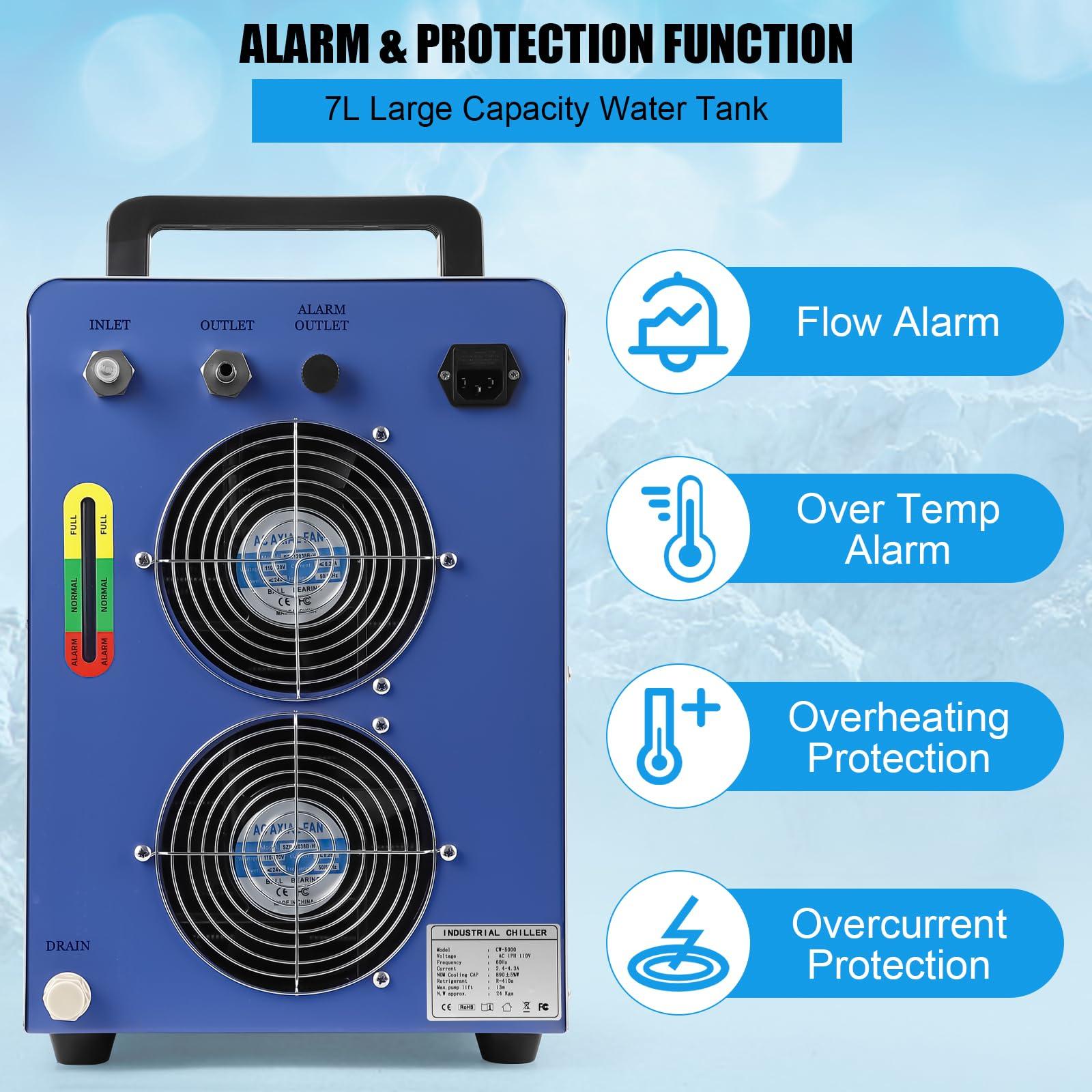 Entcook Industrial Water Chiller, 7L Industrial Water Cooling Chiller, 2.64GPM FlowRate Water Cooling System, CW-5000 Thermolysis Water Chiller, Water Cooler for 40-100W CO2 Laser Engraving&Cutting Machine