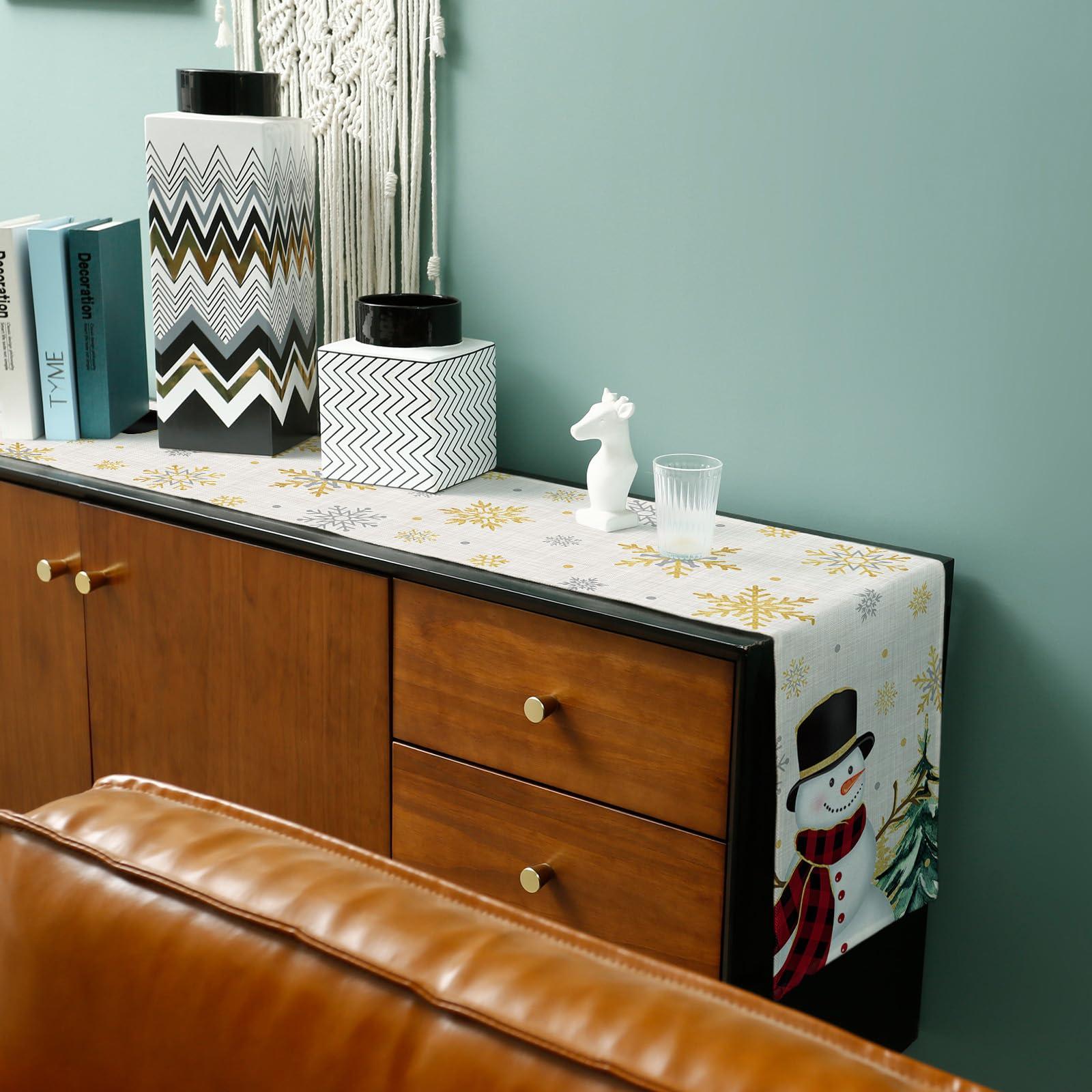 Shine-Home Snowman Table Runner 48 Inches Long Cotton Linen Tablerunner Dresser Scarves, Burlap Kitchen Dinner Cafe Table Runners Table Decor for Coffee/Party/Wedding, Christmas Tree Gold Snowflake Green