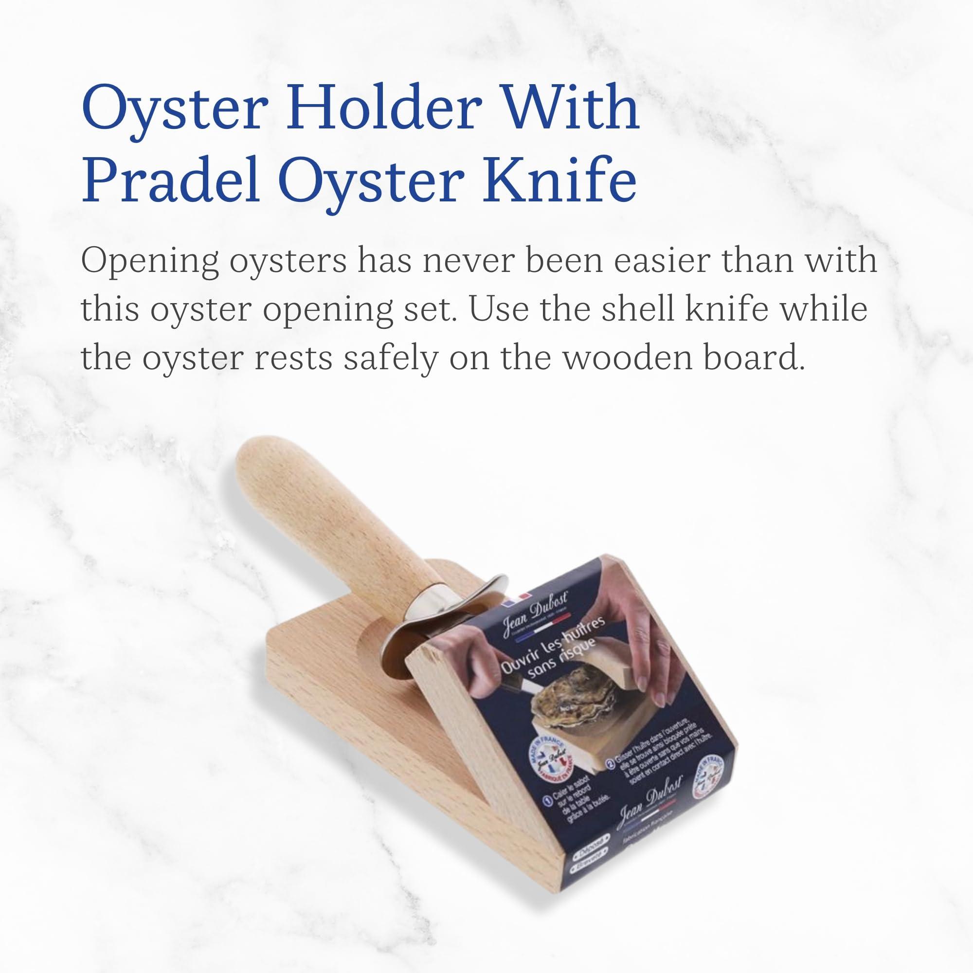 Jean Dubost Jean Dubost Oyster Opener, Olive Wood Handle - Rust-Resistant Stainless Steel - Includes Wooden Board - Made in France