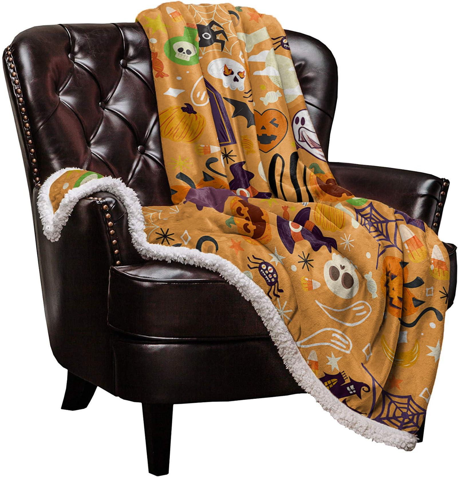 Sabolny Sabolny Halloween Sherpa Throw Blankets for Bed Couch Sofa, Soft Reversible Plush Fluffy Fleece Fannel Blanket Throws Clearance Decorative in Winter Spooky Pumpkin Horror Ghost Skull Orange 49\"x59\"