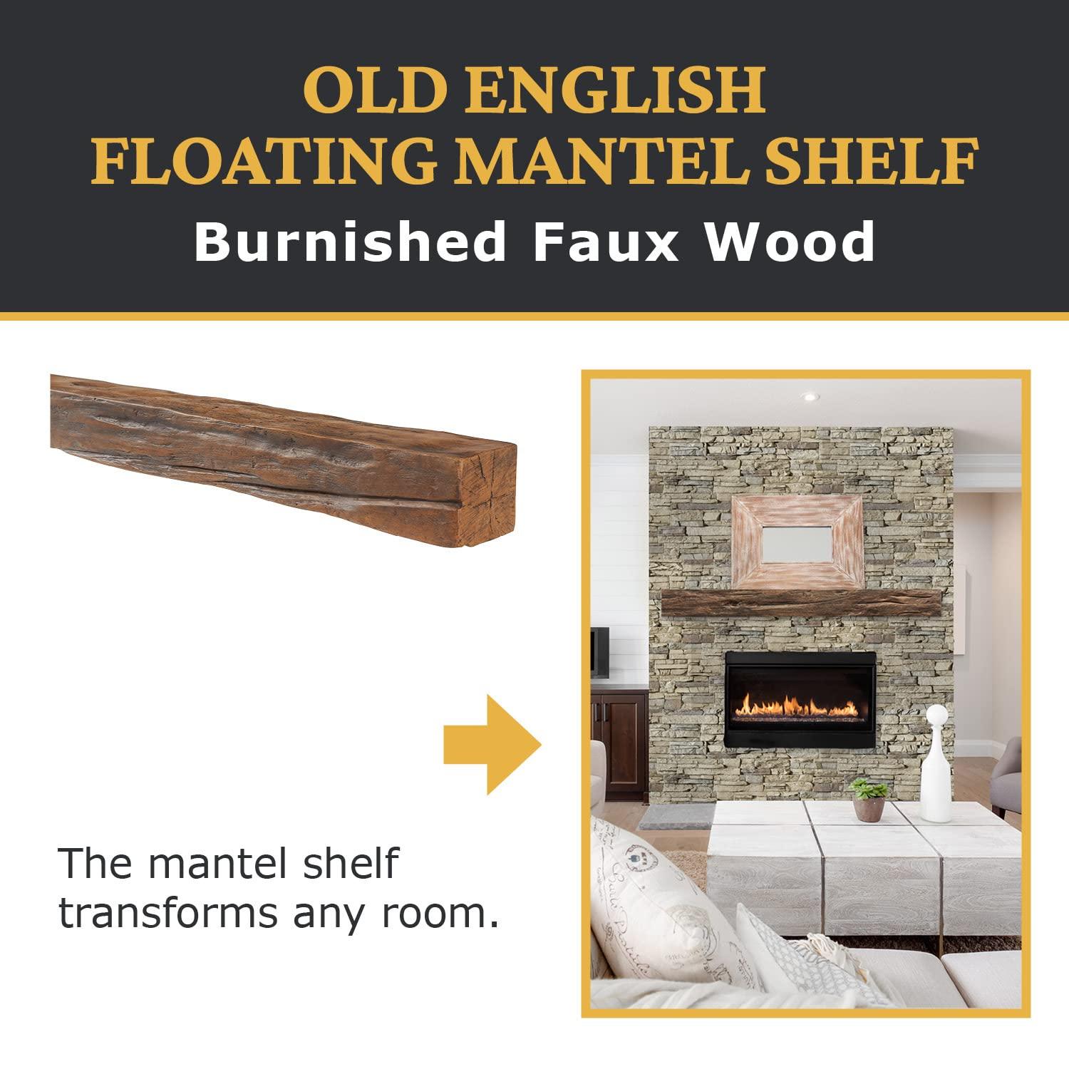 AZ Faux AZ Faux High-Density Polyurethane Faux Fireplace Mantel | Lightweight Rustic Floating Wood Beam with Mounting Strip and Touch-Up Kit | Old English | 48" L x 4" W x 4" H | Burnished