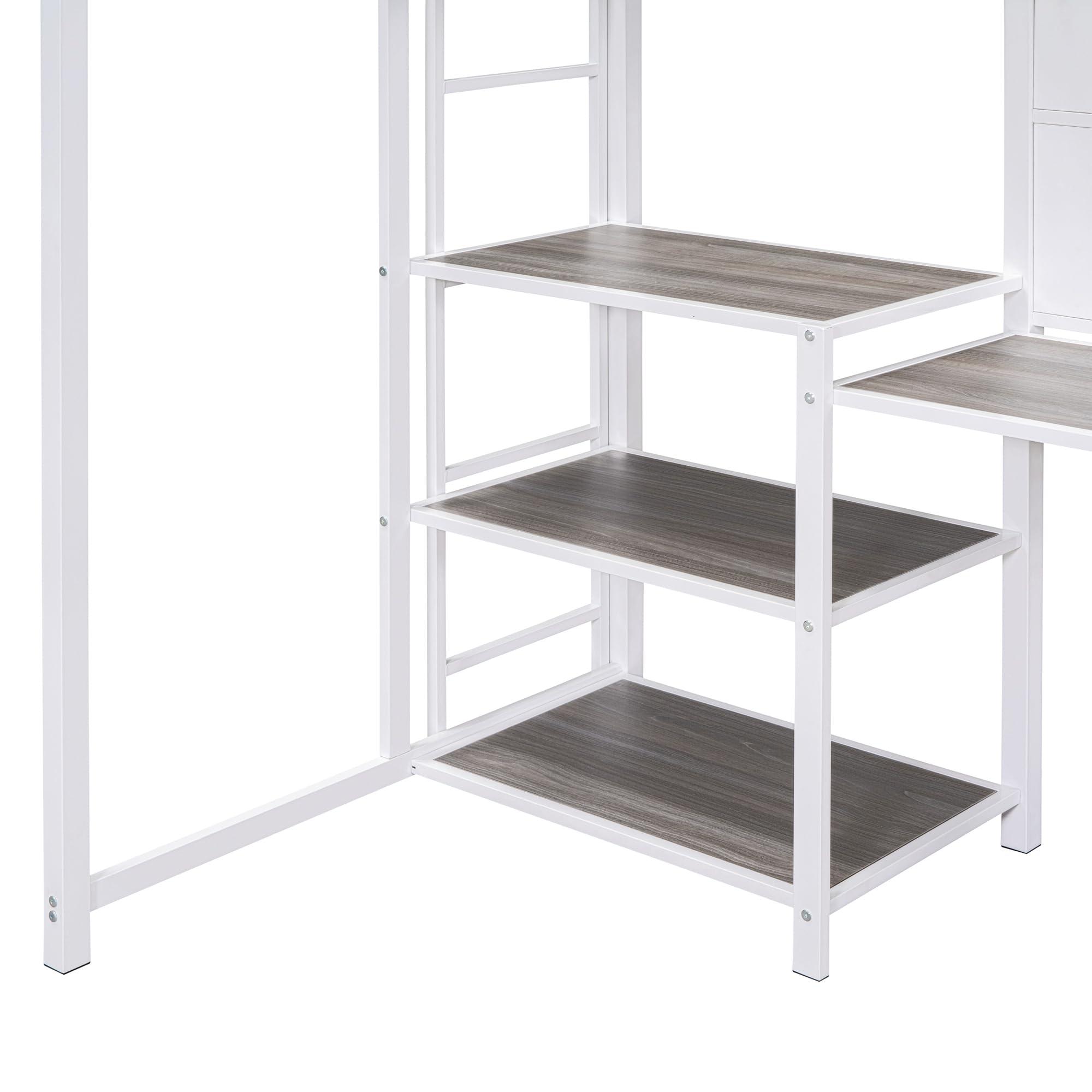VilroCaz VilroCaz Twin Size Loft Bed with Desk and Whiteboard, Heavy Duty Metal Loft Bed Frame with 3 Shelves and Full-Length Guardrail for Bedroom Guest Room Apartment, Maximized Space (at-White)