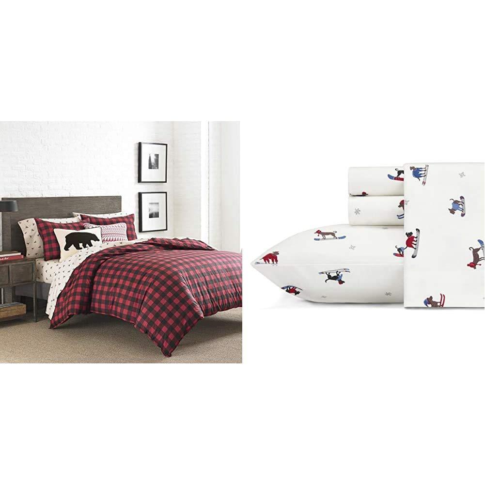 Eddie Bauer Eddie Bauer Home | Mountain Plaid 100% Cotton Comforter Set, King, Scarlet Red + 100% Cotton Flannel Sheet Set, King, Ski Patrol