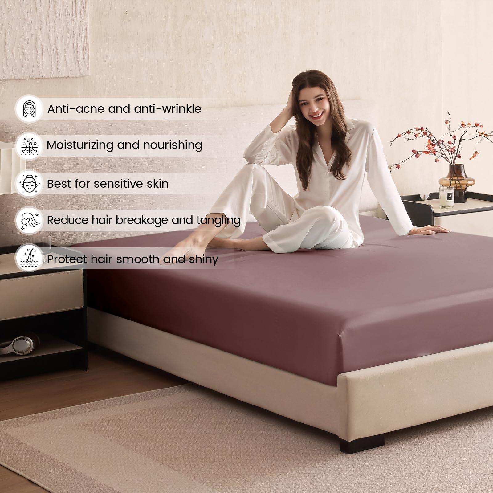 THXSILK THXSILK Silk Cal. King Fitted Sheet 3Pcs Set, 6A+ Top Grade 100% Pure Mulberry Silk Bed Sheets Set Luxury Bedding Sheet for Hair and Skin, 1 Fitted Sheet with 2 Pillowcases, Purple