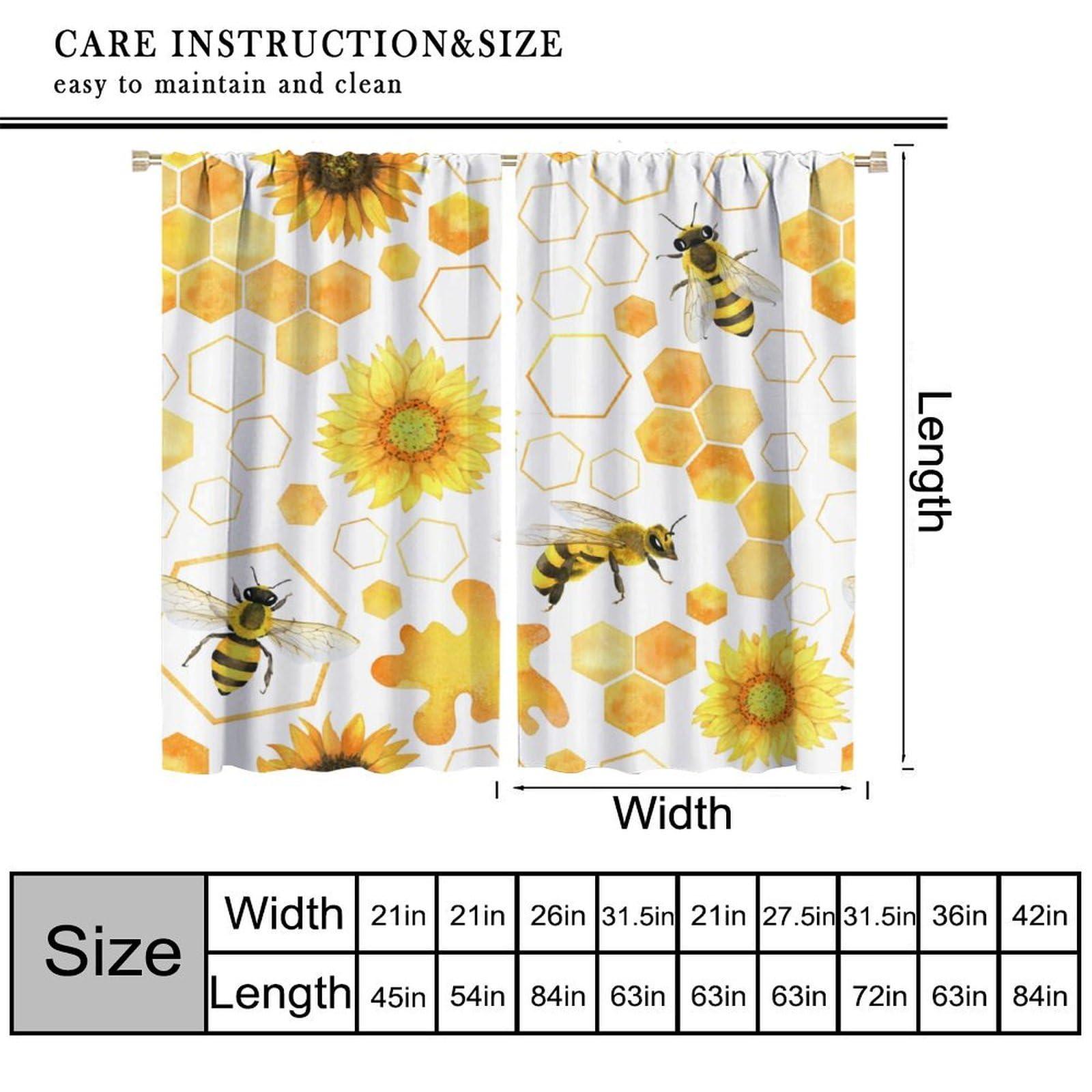 PHTAYOT Honey Bee Curtains, Bumble Bee Along Honey Comb Hexagonal Sunflower Print for Kids Boys Girls Room Decor, Rod Pocket Blackout Window Drapes for Bedroom Living Room Kitchen21 W X 63\" L