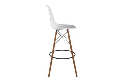 Inmod Signature Collection Inmod Molded Plastic Bar Stool with Wood Legs, Set of 2, Matte White, Walnut DSW Modern Barstools, Mid-Century Molded Shell Armless Bar Stools, Matte White/Walnut