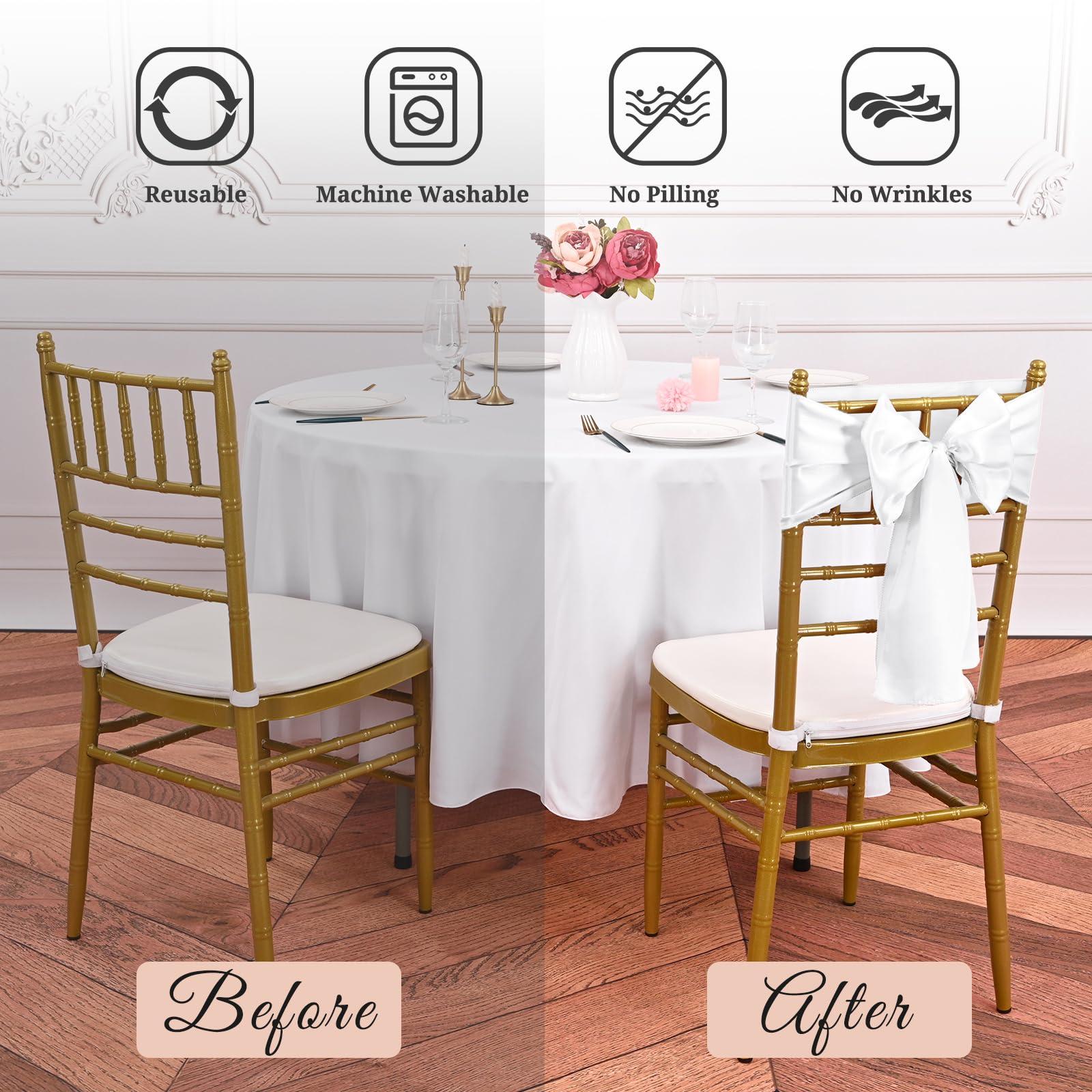 REWOMC 120 PCS Satin Chair Sashes White Shiny Chair Ribbon Ties Back Bows Designed Sashes Universal Chair Cover for Wedding Reception Gathering Birthday Party Banquet Restaurant Chair Decor (7x78inch)