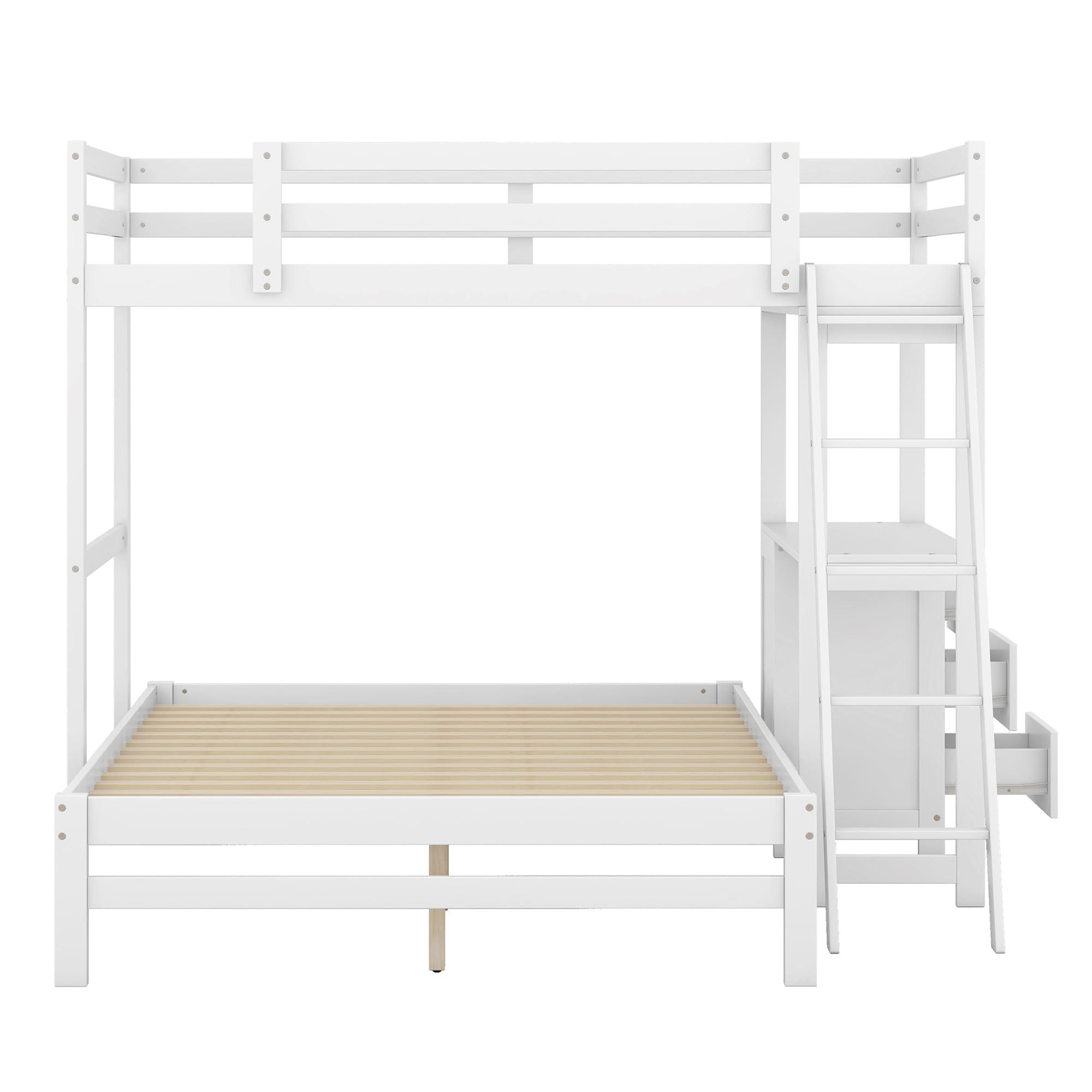 YOPTO YOPTO Twin Over Full Bunk Bed with Built-in Desk and Three Drawers,Pine Wood Convertible Twin Over Full L-Shaped Loft Bunk Bed Frame for Kids Teens Adults,White