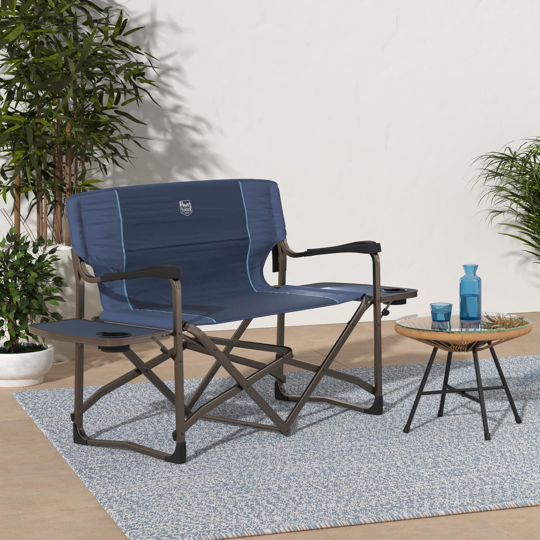 TIMBER RIDGE TIMBER RIDGE Double Camping Chair Foldable Loveseat Directors Chairs, Oversized Double Folding Camping Chairs with 2 Side Tables, 2 Person Lawn Chair, Heavy Duty Support 600 LBS for Outdoor, Blue
