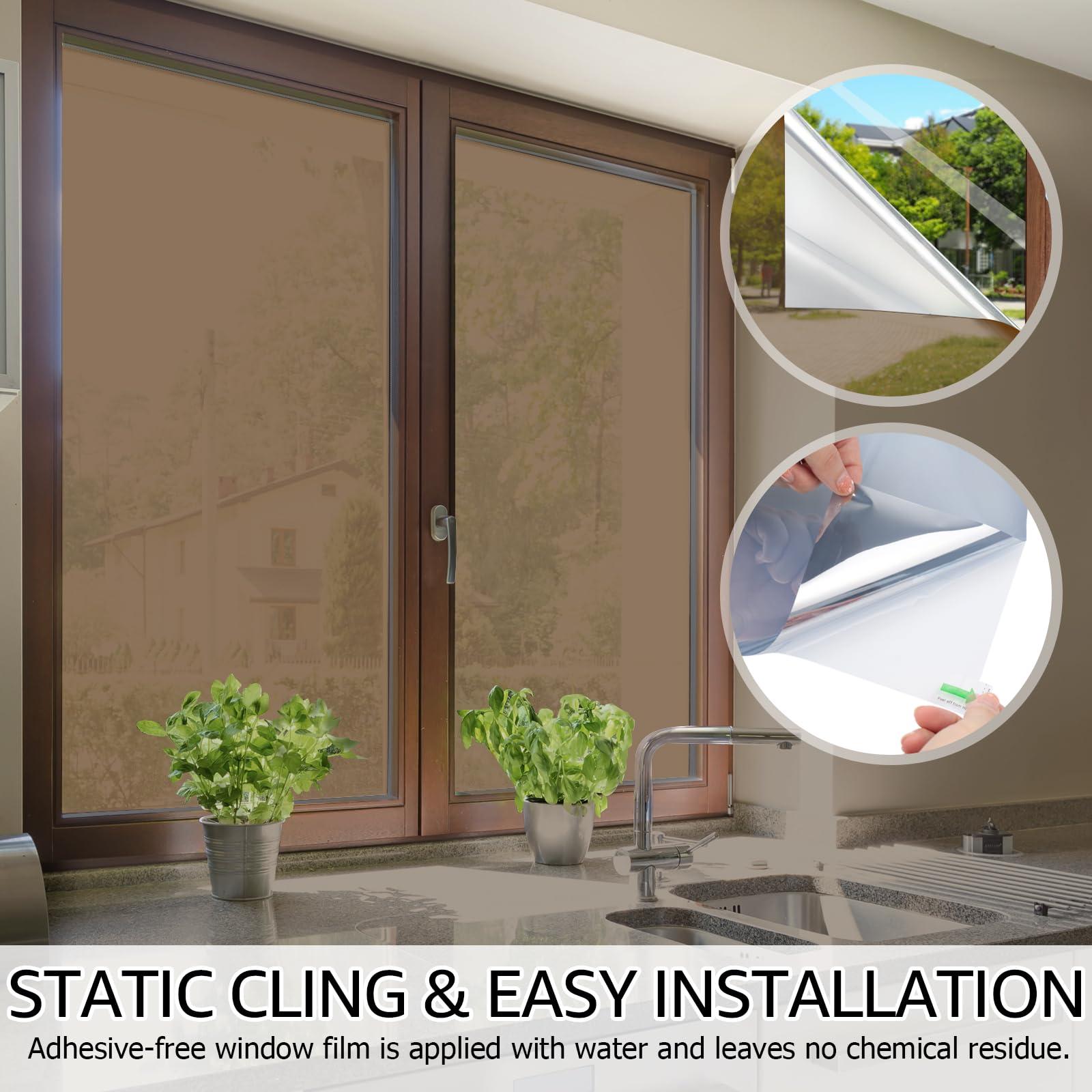 HIDBEA HIDBEA One Way Mirror Window Film, Daytime Privacy Sun Blocking Reflective Window Film Static Cling Heat Control Window Tinting Film for Home and Office, Brown Silver, 35.4 x 393.7 Inch