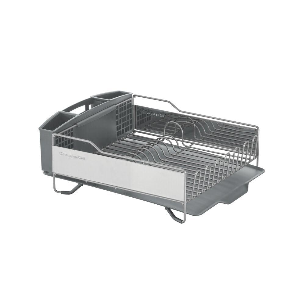 KitchenAid KitchenAid Large Capacity Full Size Rust Resistant Dish Rack with Angled Drain Board and Removable Flatware Caddy, Light Grey