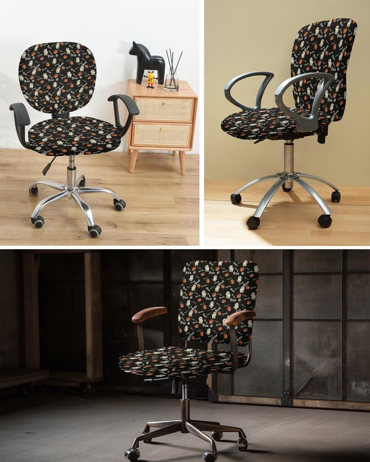 Jolunifun Jolunifun Halloween Office Chair Covers Stretchable 2 Piece, Soft Decorative Computer Desk Chair Cover Protector Universal Rotating Chair Slipcover Black Skeleton Ghost-Boo Fall Pumpkin
