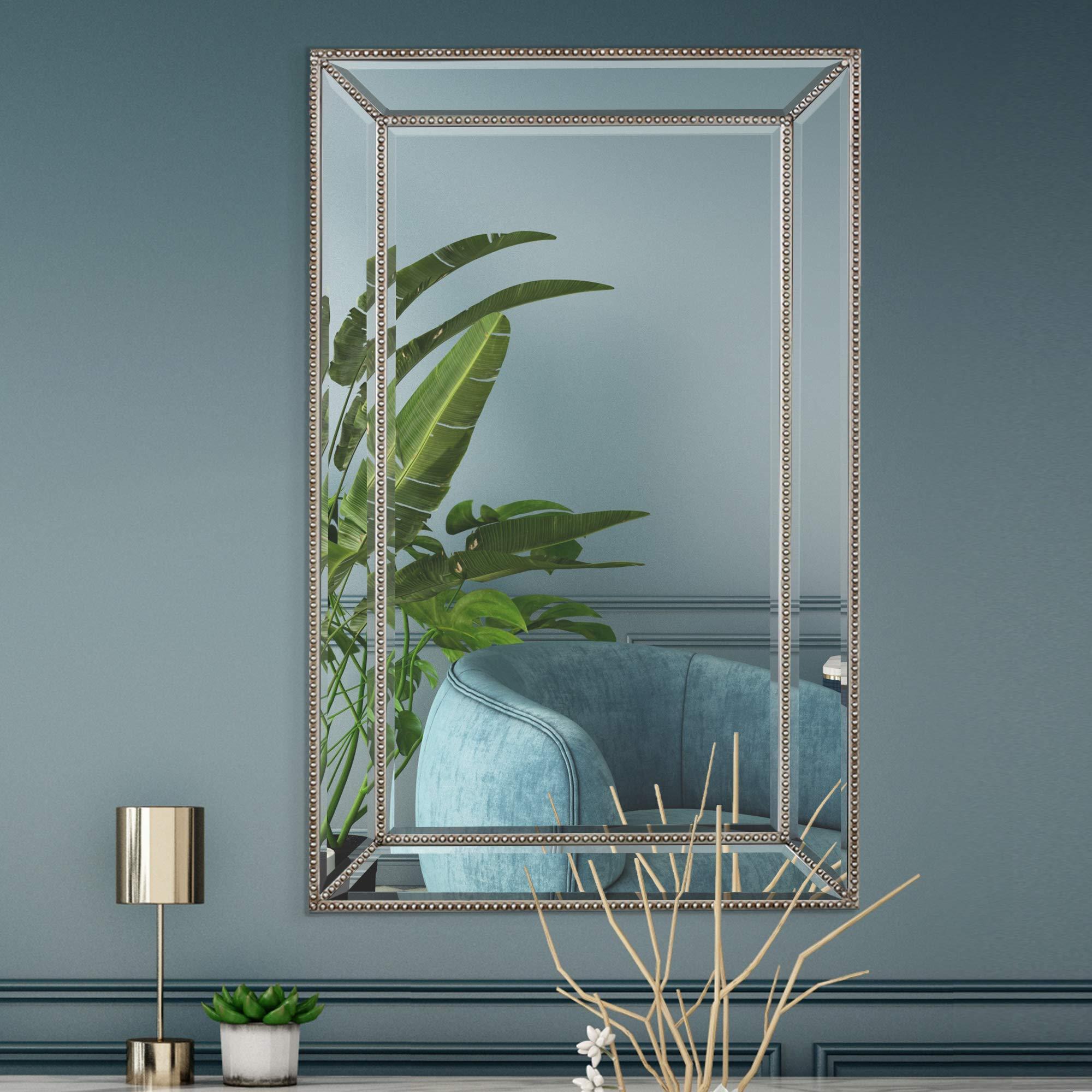 Head West Head West Champagne Silver Metro Beaded Glass Framed Vanity Mirror - Beveled Vintage Accent Decorative Mirrors for Wall Decor, Modern Bathroom Mirrors for Over Sink, Bedroom, Entryway 24\"x36\"