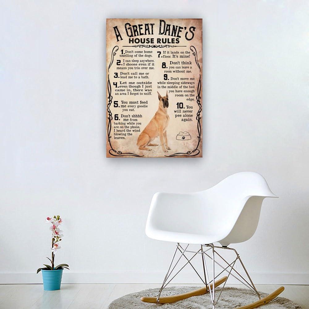 Jinwaftv Jinwaftv Great Dane Dog Poster House Rules Retro Poster Canvas Painting for Bedroom Wall Decor for Kitchen Giclee Print on Canvas Picture Printing (8.00\'\'x12.00\'\',Unframed)