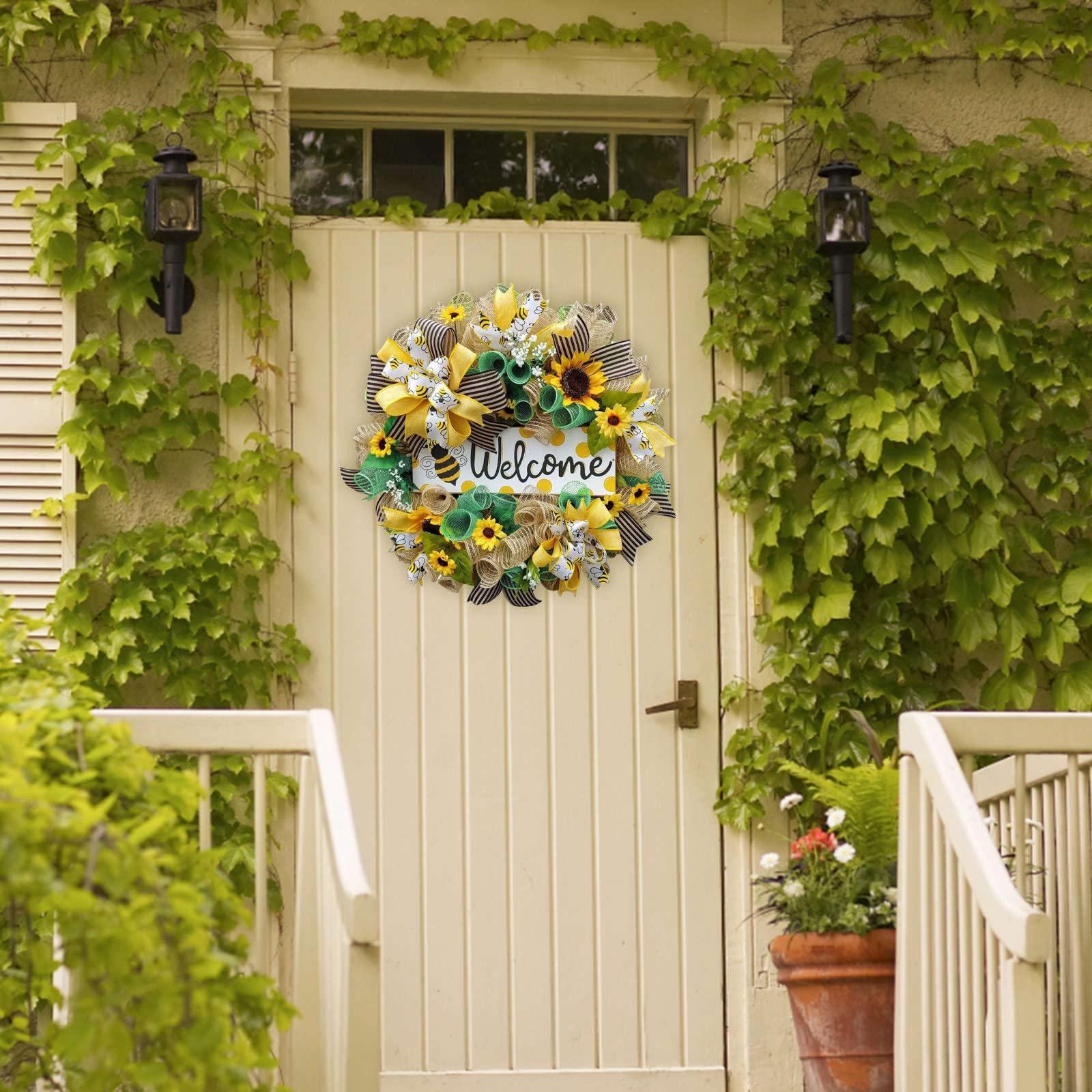 Generic Generic Sunflower Wreath Summer Wreaths for Front Door, Sunflower Wreath Reef Sunflowers Holiday Outdoor Ornaments Butterfly Party Home Pansy Garland Bumble Bee All Seasons, Yellow