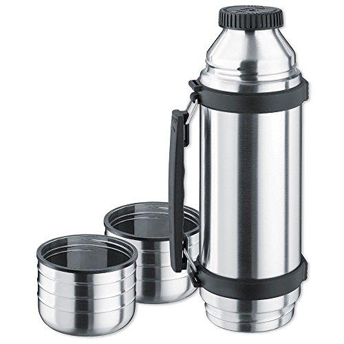 Isosteel Isosteel VA-9562DQ 1.0 L Duo Vacuum-Insulated Flask with Quickstop Single-Hand Pouring System and 2 Screw-Off Drinking Cups, 18/8 Stainless Steel