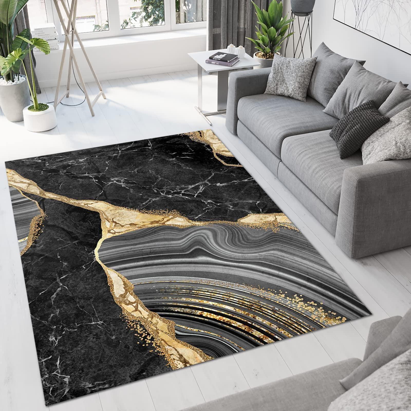 SIECHI Luxury Black Gold Marble Area Rug, Gray Gold Line Art Black and White Texture Living Room Decor Rugs, Anti-Slip Backing Washable Indoor Carpet for Living Room Bedroom Study Dining Room,3' x 4'