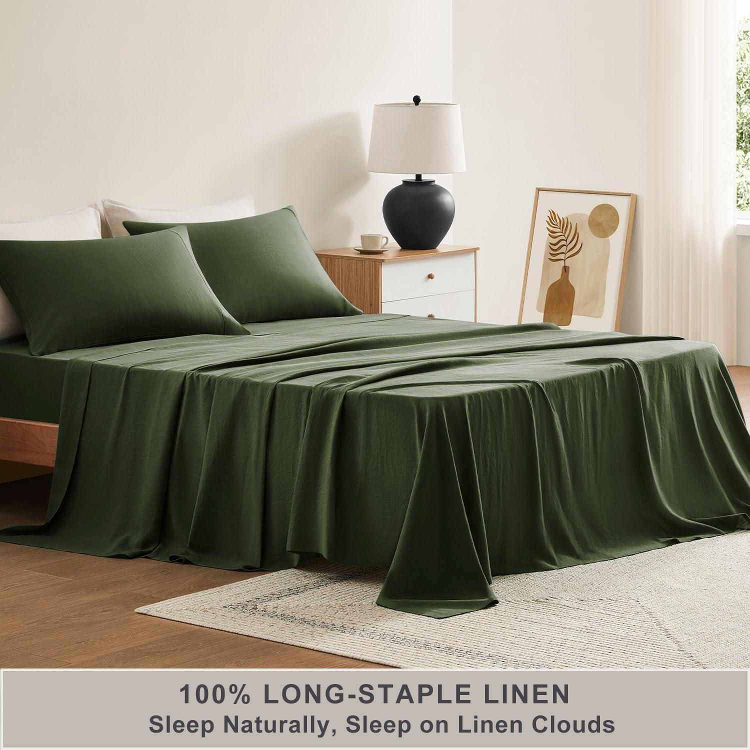 TOSMO TOSMO Pure Linen Sheets Set, 100% French Natural Linen Flax Bedding 4pc Set (Queen, 1 Flat Sheet, 1 Fitted Sheet, 2 Pillowcases) - Forest Green