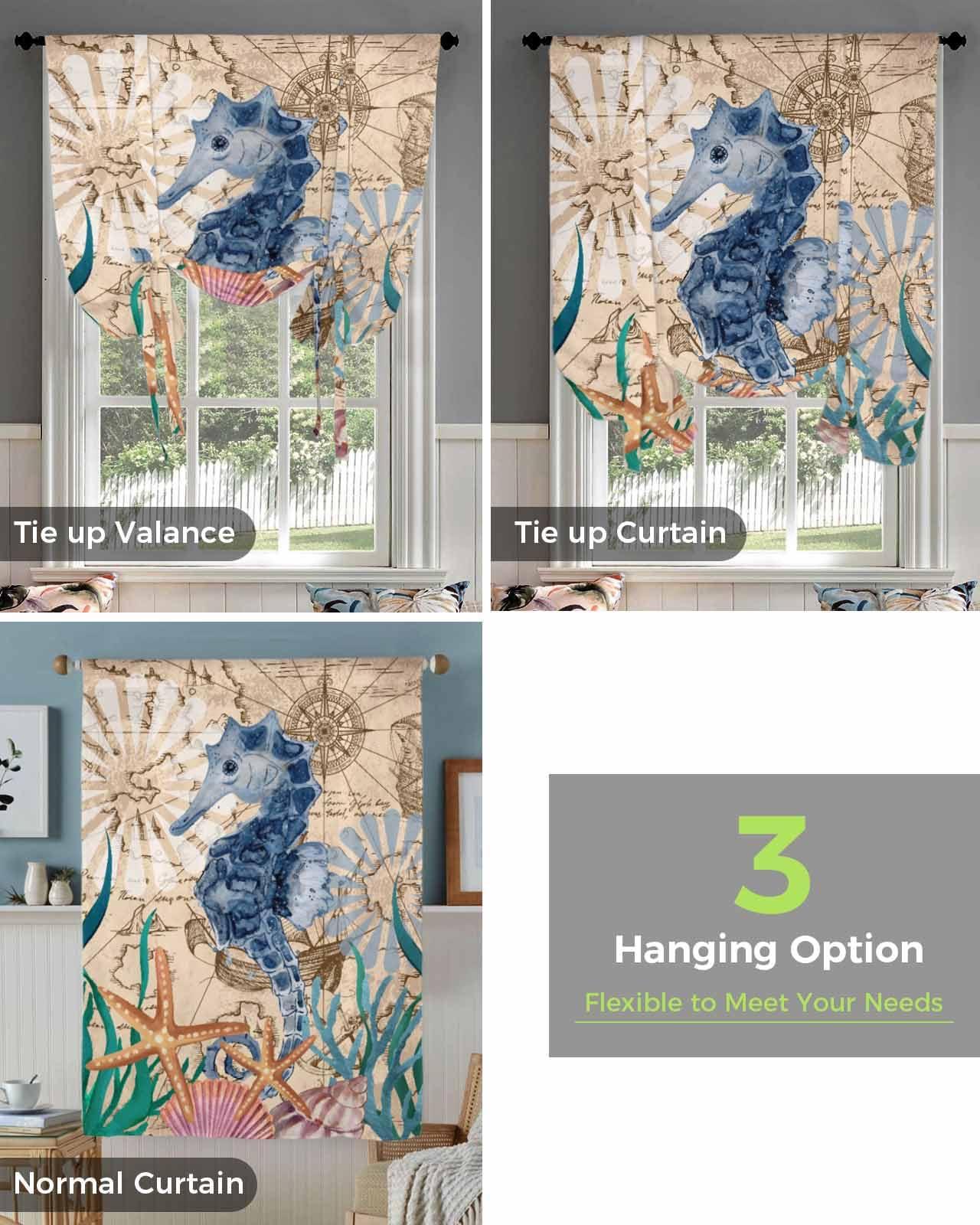 Chic D Tie Up Balloon Valance Curtain for Kitchen, Seahorse Starfish Seaweed Roman Shade for Windows Thermal Insulated Rod Pocket Short Curtain Panel for Camper RV Basement Small Window 52x63in