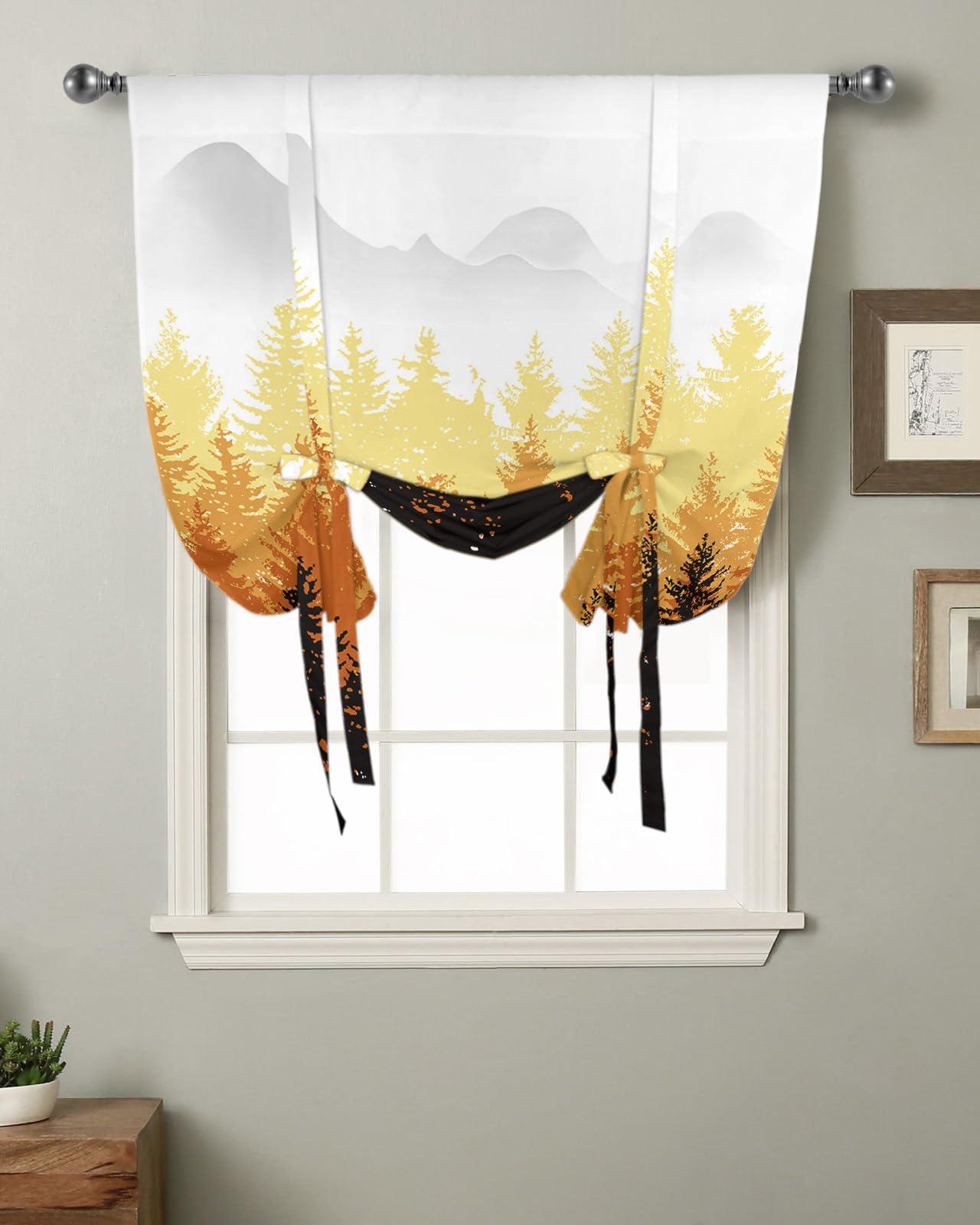 Yukro Yukro Tie Up Curtains Window Shades, Fall Forest Silhouette Orange Art Oil Painting Rod Pocket Tie Up Window Shade, Adjustable Balloon Curtain Shade for Blinds Kitchen Bathroom, 1 Panel, 42"x45"