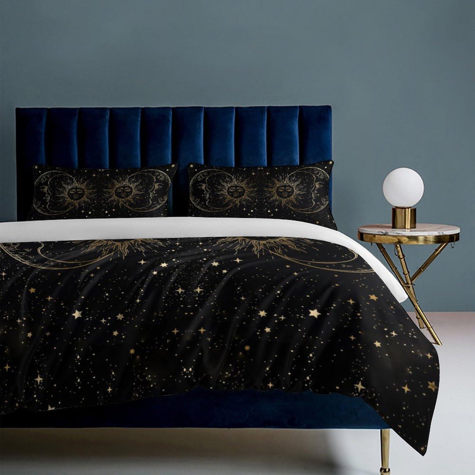 LITINGZHILONG LITINGZHILONG Sun Moon Black Gold Bed 3-Piece Set, Bohemian Retro Style Personality Room Bed Decoration Quilt Cover, Mandura Theme Moon and Sun Bed 3-Piece Set 1 Quilt Set 2 Pillow Cases 86\"x70\"