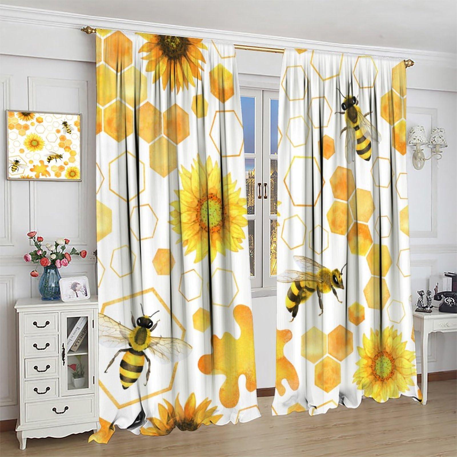 PHTAYOT Honey Bee Curtains, Bumble Bee Along Honey Comb Hexagonal Sunflower Print for Kids Boys Girls Room Decor, Rod Pocket Blackout Window Drapes for Bedroom Living Room Kitchen21 W X 63\" L
