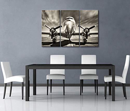 KLVOS KLVOS 3 Piece Airplane Wall Art Vintage Black and white Propeller Aircraft Picture for Boy Room Home Office Modern Home Decor Stretched and Framed Ready to Hang - 16"x32"x3pcs
