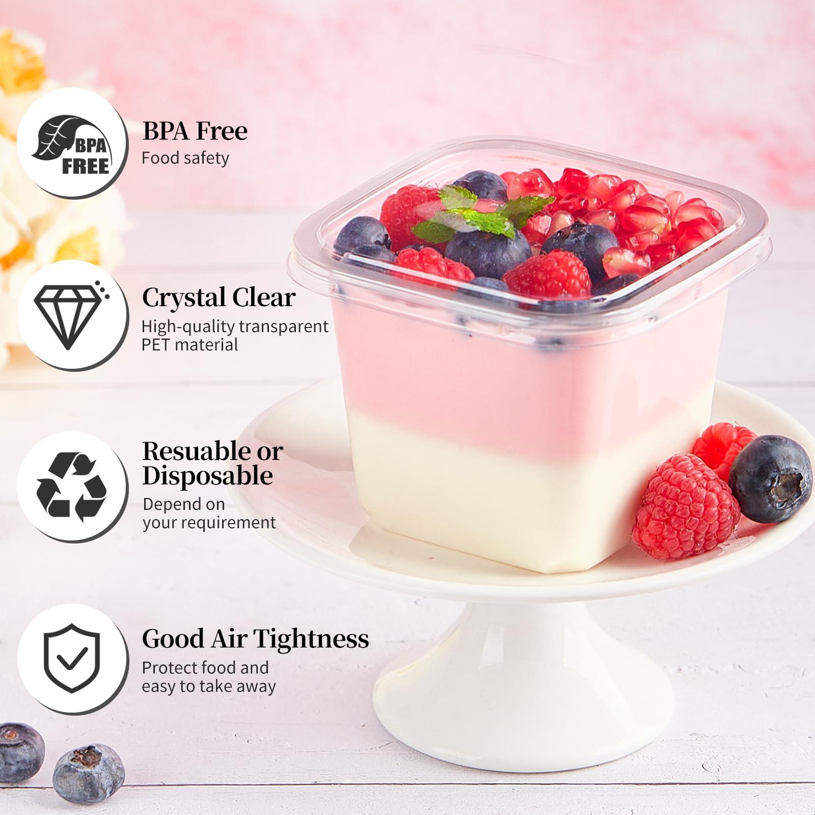 Kucoele Kucoele 50 Pack 12 oz Plastic Dessert Cups with Lids and Sporks, Clear Square Cake Cups Dessert Containers for Pudding Parfait Fruit Yogurt and Shortcake