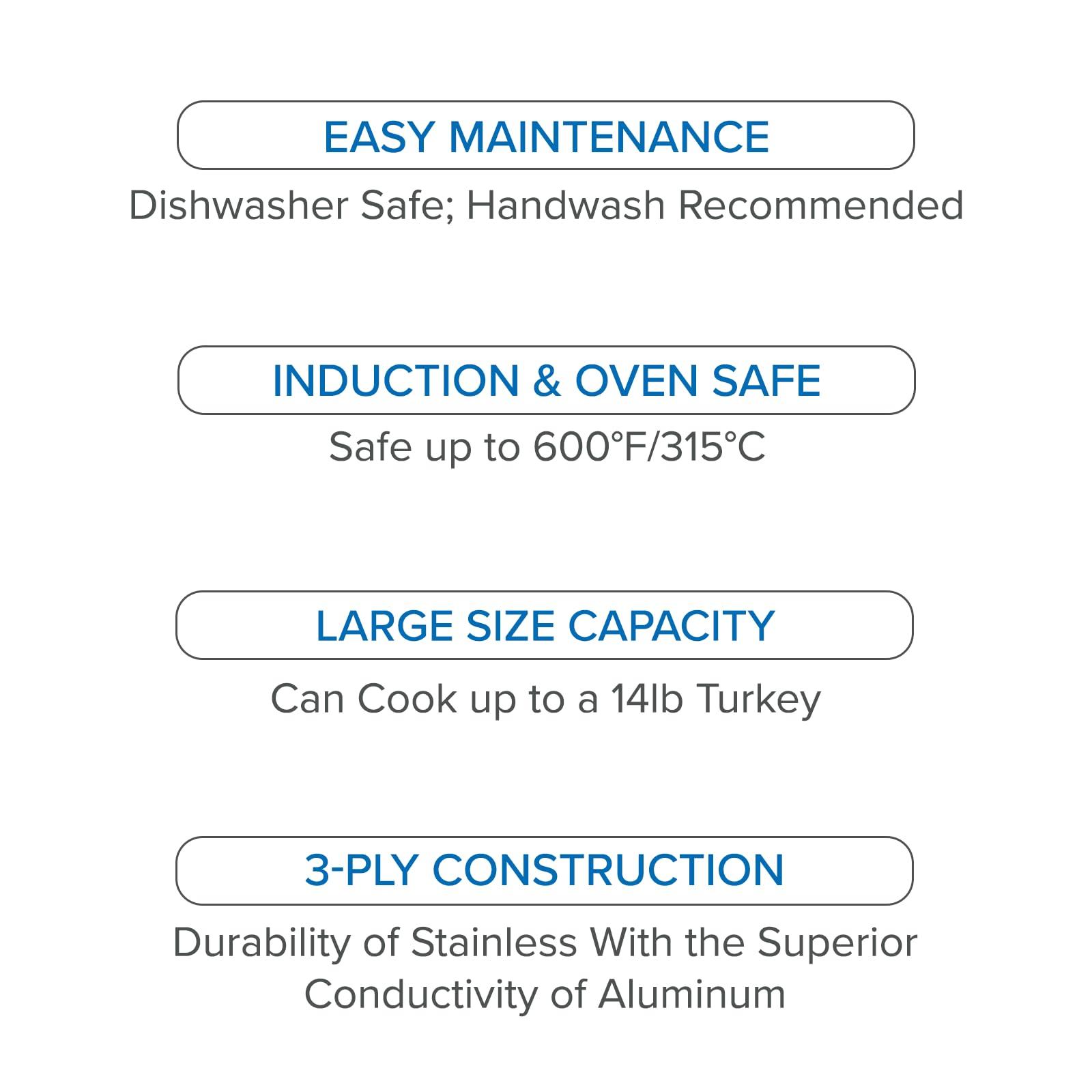 Viking Culinary Viking Culinary 3-Ply Stainless Steel Oval Roasting Pan, 8.5 Quart, Includes Metal Induction Lid & Rack, Dishwasher, Oven Safe, Works on All Cooktops including Induction