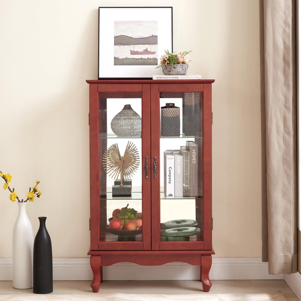 OCACA OCACA 2 Doors Curio Cabinet with Tempered Glass Doors, Curio Cabinets with Mirrored Back Panel and Adjustable Shelves, Lighted Display Cabinet for Home, Office Light Bulb Included Cherry