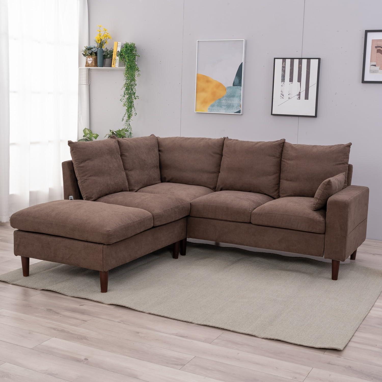 Panana Living Room Furniture Sectional L-Shaped Sofa with Built-in USB Port,Universal Corner Couch Extra Wide Chaise (Brown Linen Fabric, 5 Seater with Built-in USB Port - Track Arm)