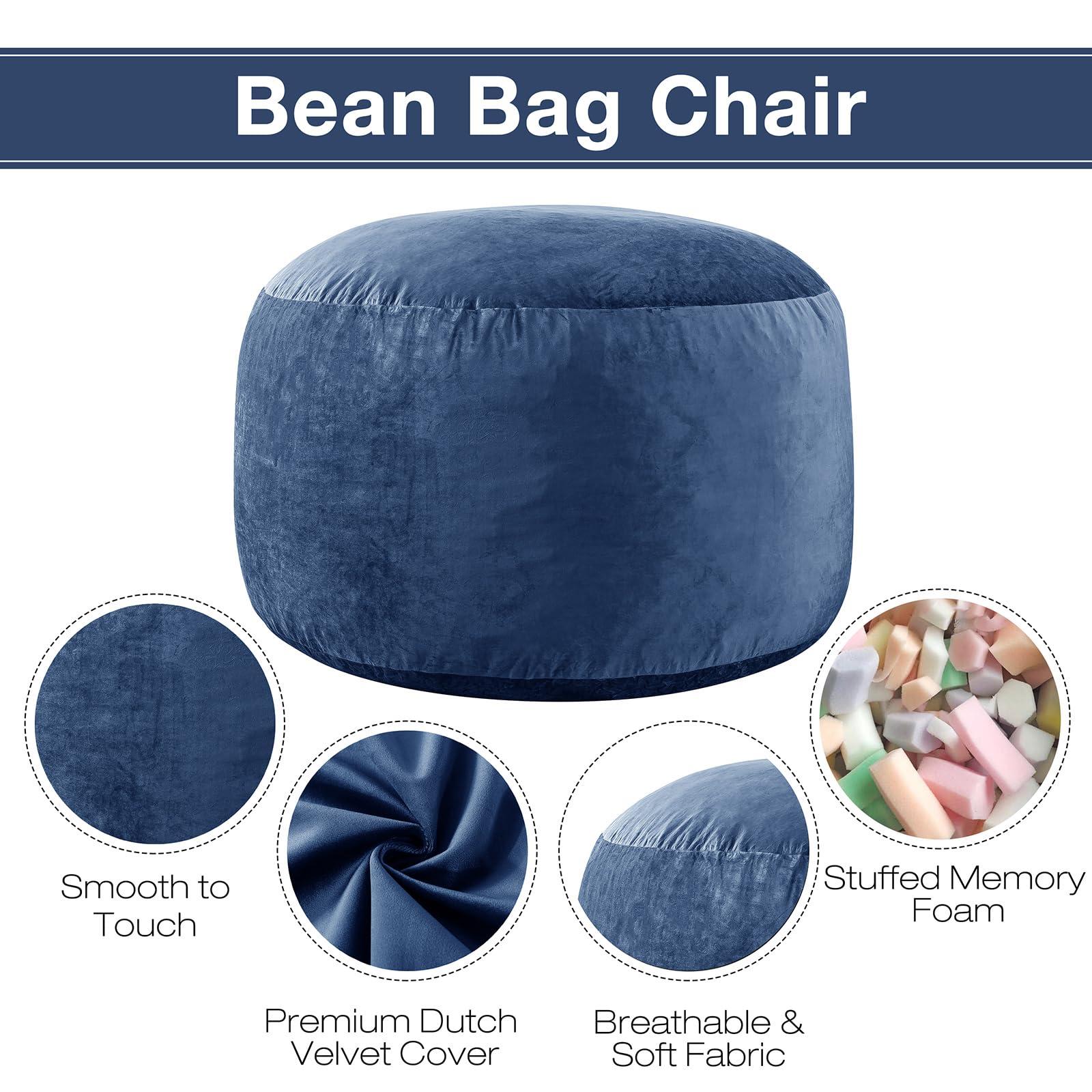 EDUJIN Large Bean Bag Chair for Adults/Kids with Filling, 4 ft Memory Foam Bean Bag Chairs with Filler Included, Ultra Soft Dutch Velvet Fabric, Bean Bag for Living Room - 4 Foot,Dark Blue