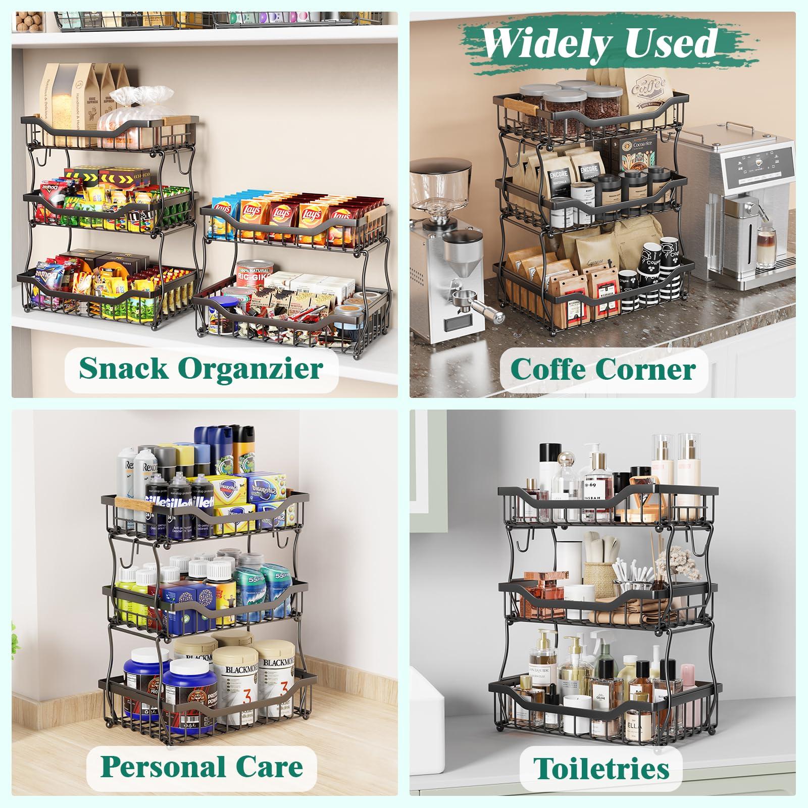 Giwil Giwil 3 Tier Countertop Fruit Basket for Kitchen, Vegetable Storage Basket Bread Fruit Bowl Stand with 2 Banana Hooks, Wall Mounted Metal Wire Basket Organizer for Potato Onion, Black