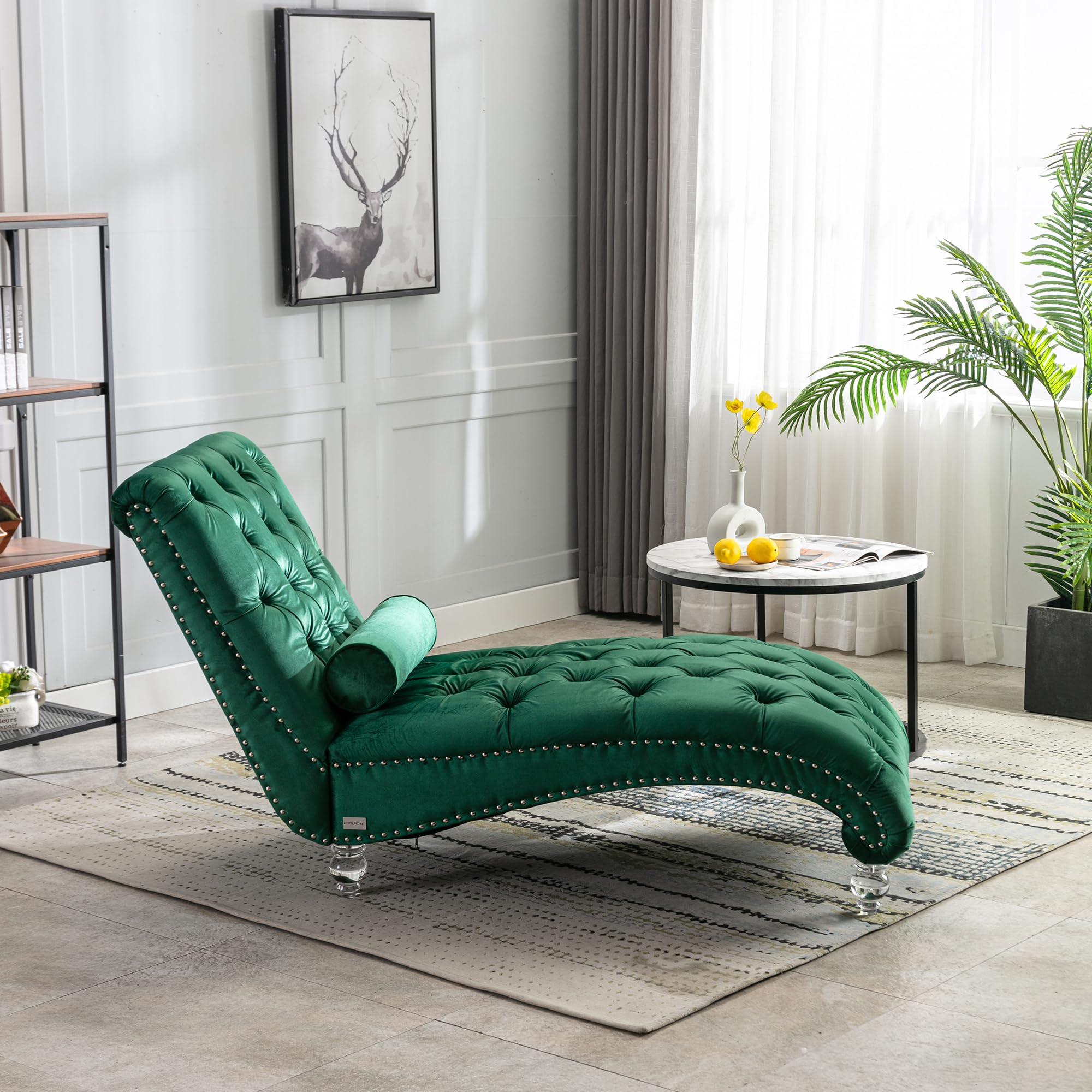 KT Rolster KT Rolster Chaise Lounge Chair Indoor, Small Chaise Lounge, Upholstered Chaise Lounge Chair, Mid Century Modern Velvet Chaise Lounge Chair with Acrylic Legs and Lumbar Pillow for Bedroom Living Room