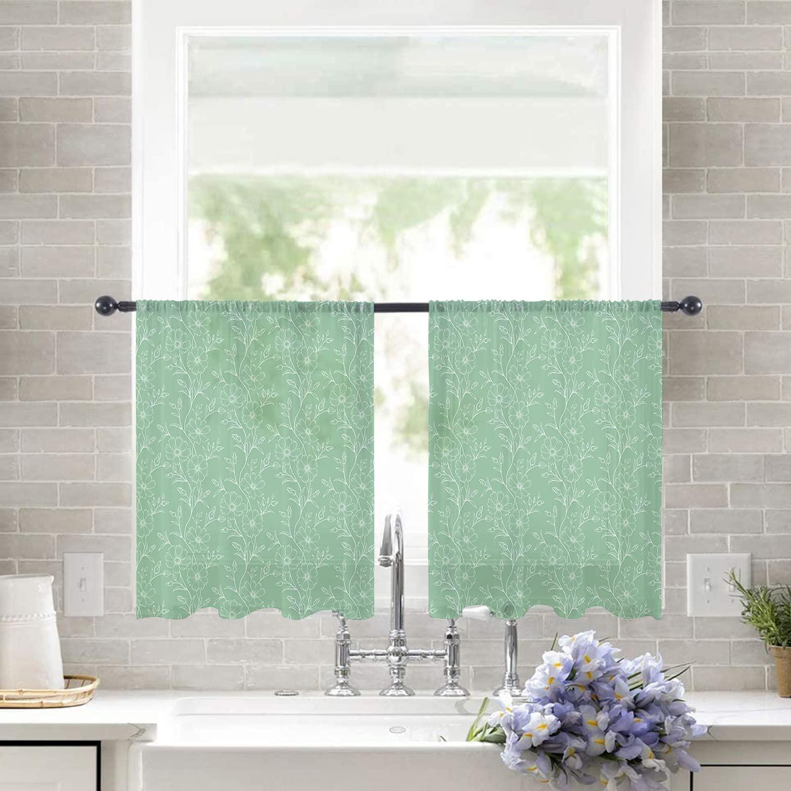 Yomandocix Yomandocix Semi Sheer Curtains 54 Inch Length, White Lines Flowers Leaves Sheer Kitchen Curtain Privacy Voile Window Curtain for Living Room Bedroom Rod Pocket Drapes Rustic Floral Green Backdrop