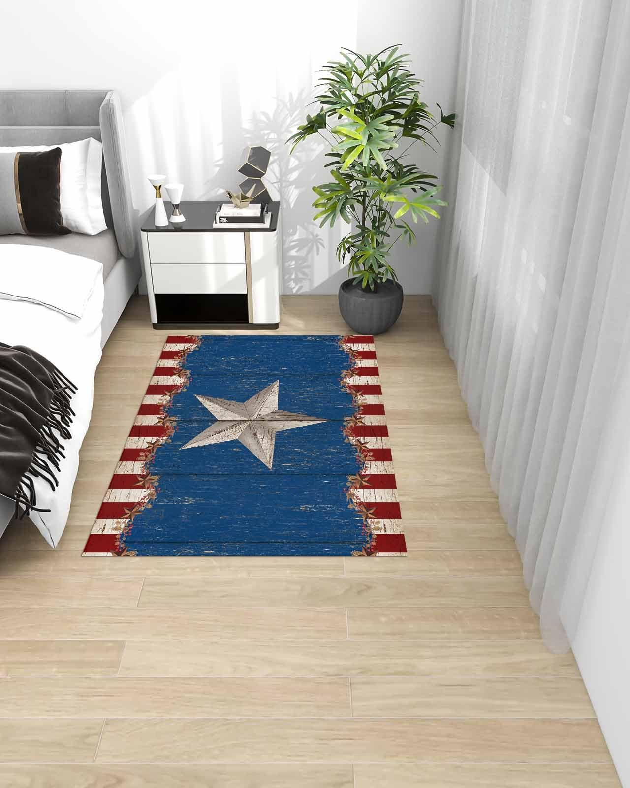 PIEPLE Rustic Stars Country Large Rectangular Area Rugs 3' x 5' Living Room, Durable Non Slip Rug Carpet Floor Mat for Bedroom Bedside Outdoor Red Blue Berry Farmhouse Wood