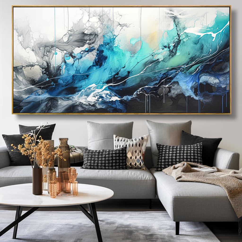 liysawg Wall Art Abstract Canvas Painting Teal Blue Modern Artwork for Living Room Bedroom Dining Room Home Office Decor 30\"x60\" with Framed