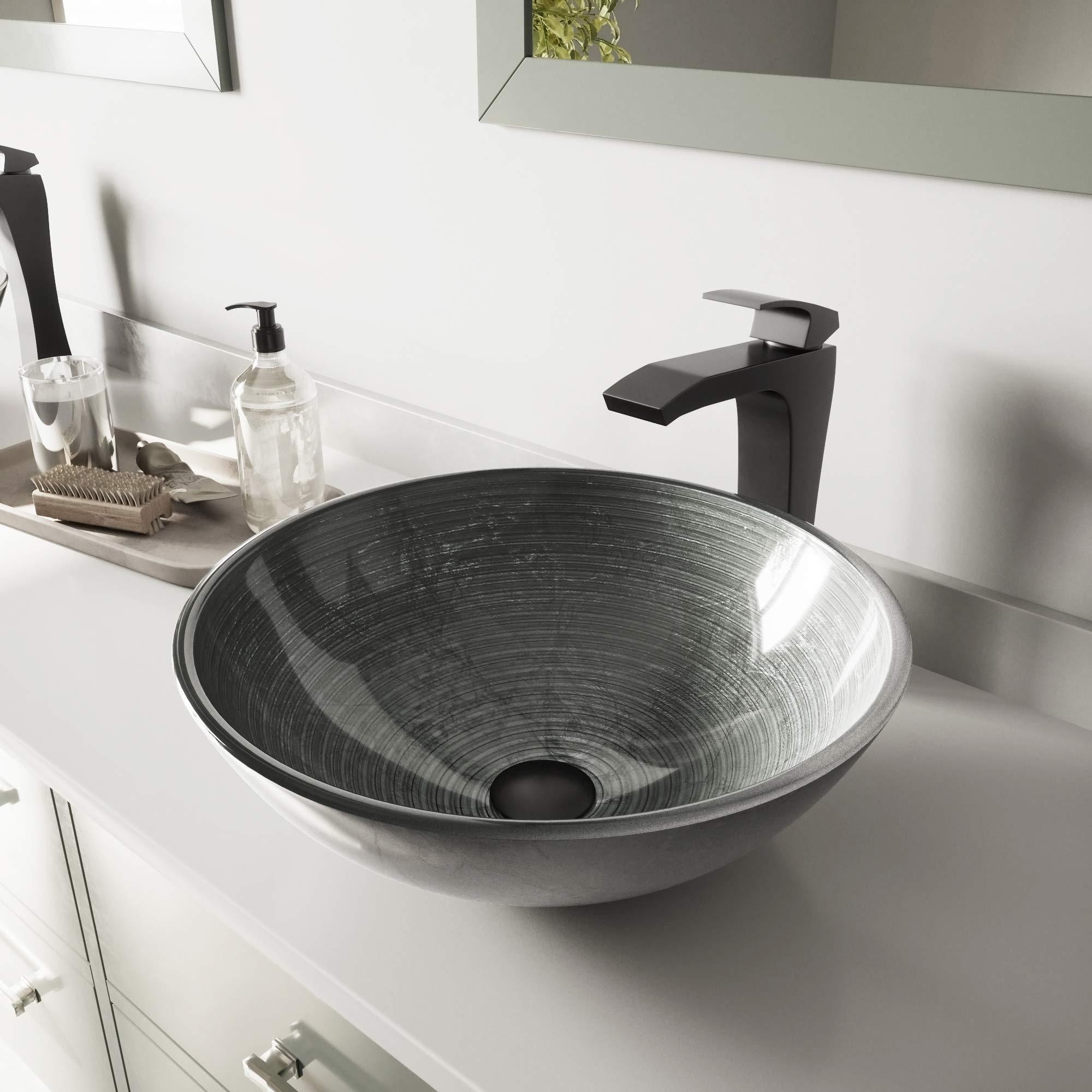 VIGO VIGO 17\" L -17\" W -12\" H Giovanni Glass Round Vessel Sink Set in Silver with Faucet and Drain -VGT609