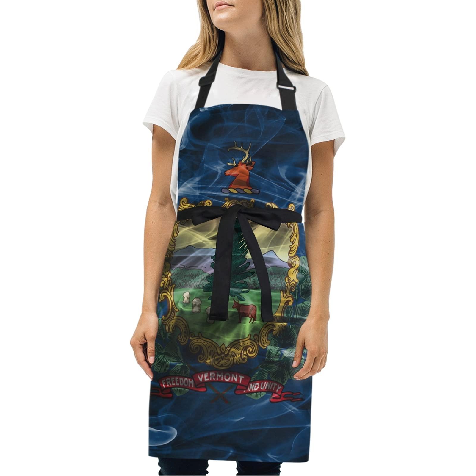 Poeticcity Vermont Flag Adjustable Apron Bib with 2 Pockets Kitchen Uniform Adjustable Neck Strap for Women Men Cooking Cleaning Work Wear Baking Gardening