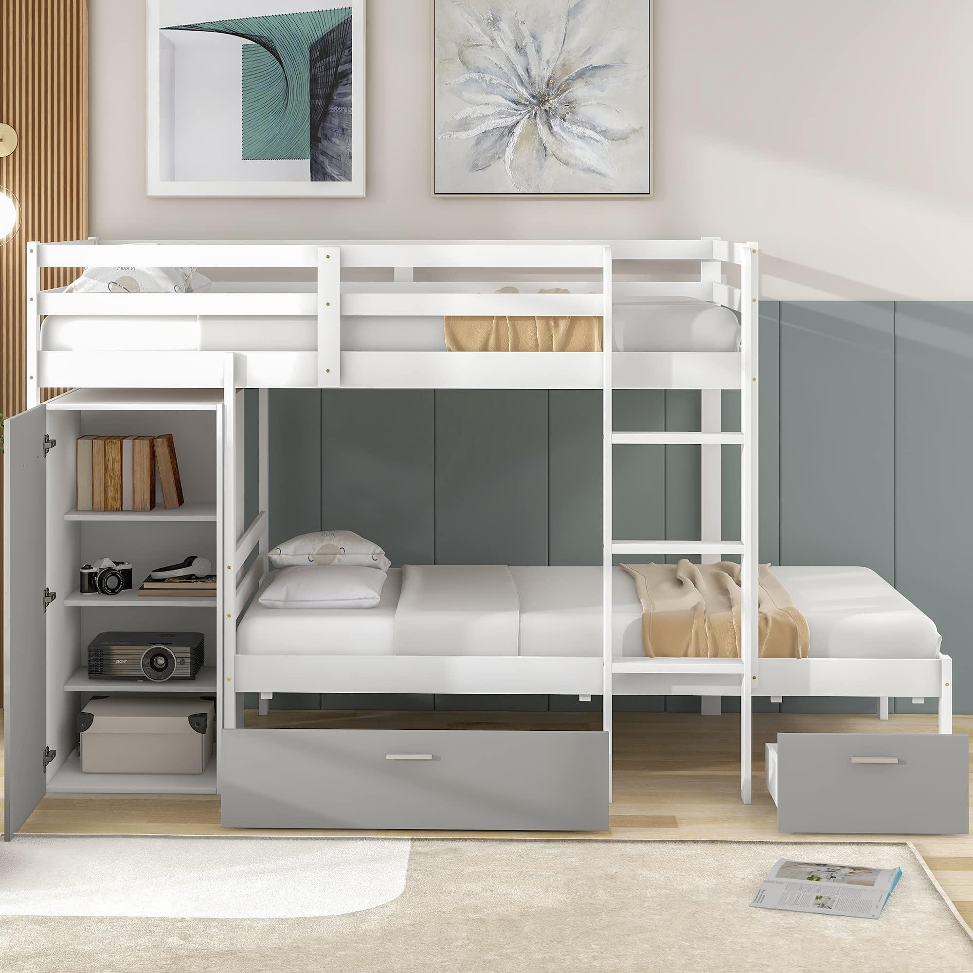 XIONGGG Twin Over Twin Bunk Bed with Built-in Storage Wardrobe and Two Drawers, Convertible Design, Solid Wood Bunk Bed for Kids, Teens