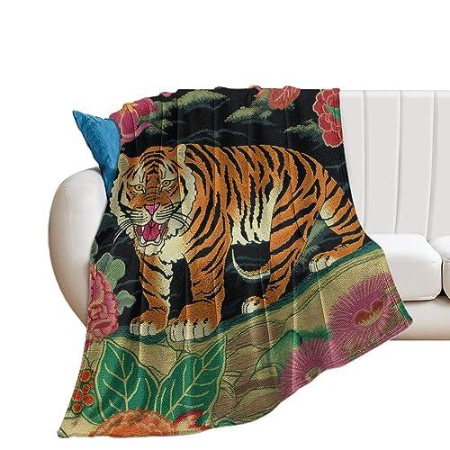 MangGou MangGou Oriental Toile Chinoiserie Flannel Blanket Animal Tiger Stripe Pink Floral Throw Blankets Colorful Flower Animal Print Tiger Throw Blanket for Bed Home Decoraive Warm Blankets 40x50in
