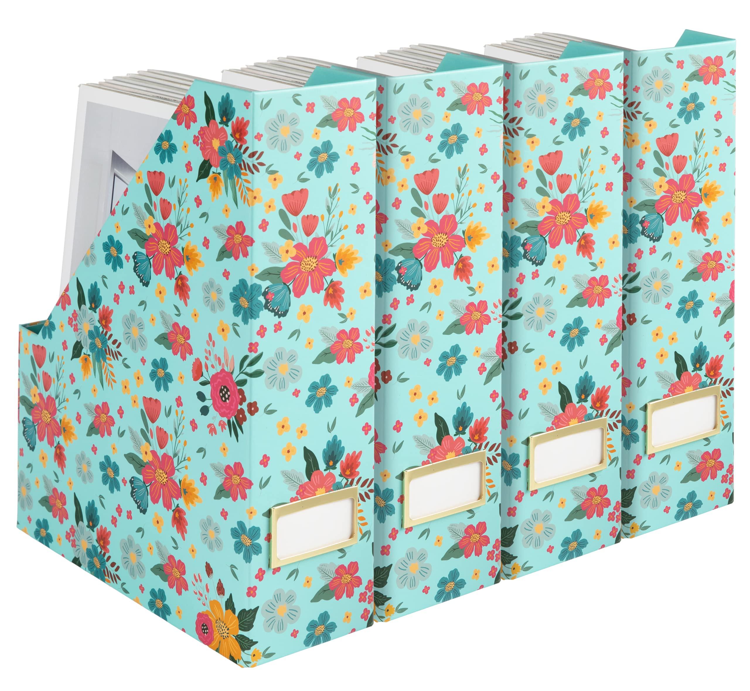 BLU MONACO BLU MONACO Floral Magazine Holder Cute Set of 4 Foldable Magazine File Boxes Aqua Floral Pattern with Gold Label Holder- Magazine Rack Desk Organizer, Binder Holder, Vertical File Folder Organizer