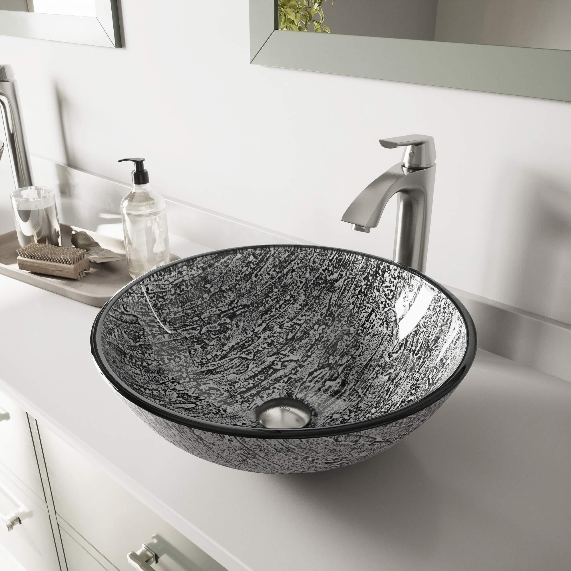VIGO VIGO 17\" L -17\" W -12\" H Titanium Glass Round Vessel Sink Set in Slate Gray with Faucet and Drain -VGT559