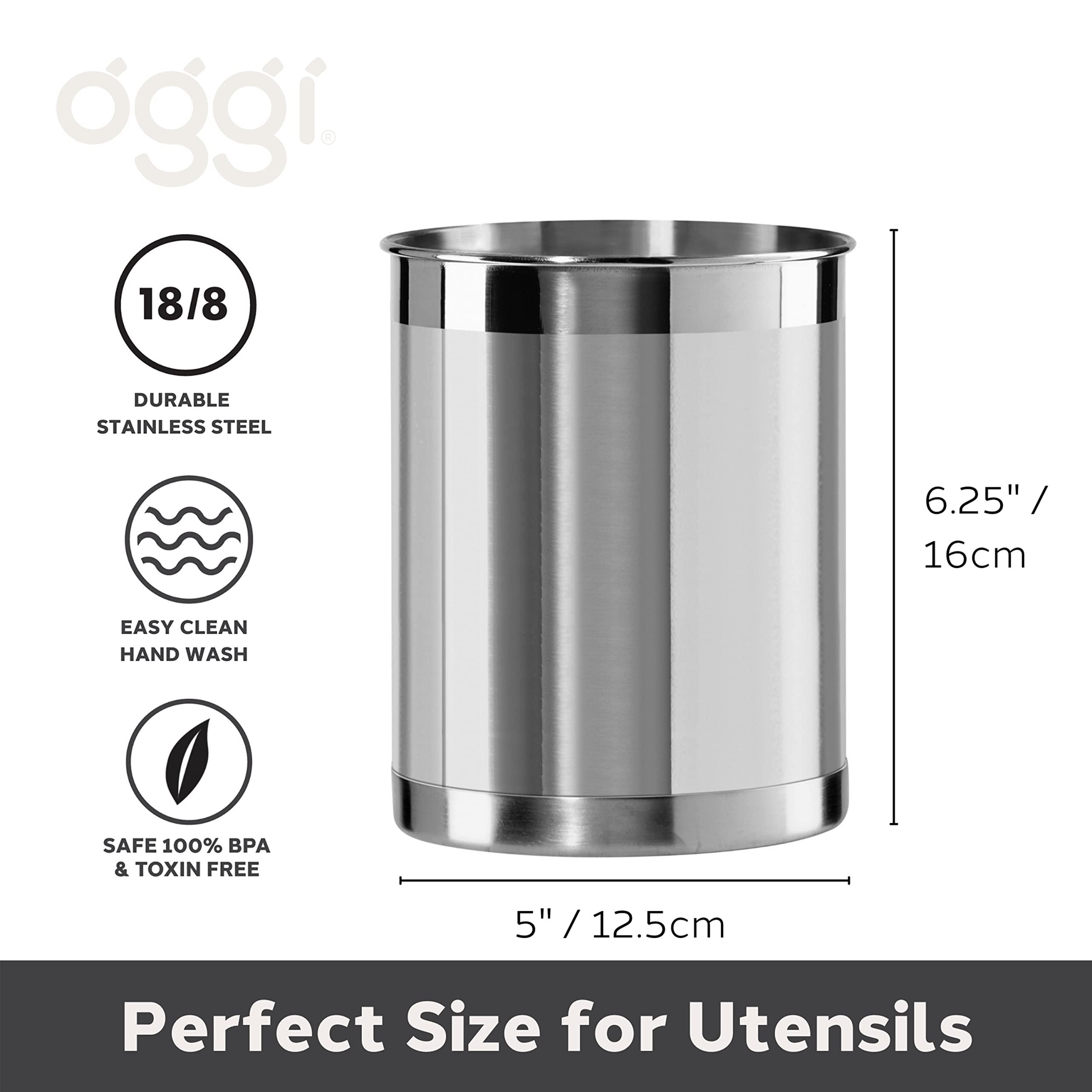 OGGI OGGI Stainless Steel Utensil Holder - 5" Diameter, Utensil Caddy, Weighted Base for Stability - Larger-Sized Utensil Crock and Countertop Utensil Organizer, Stainless Steel
