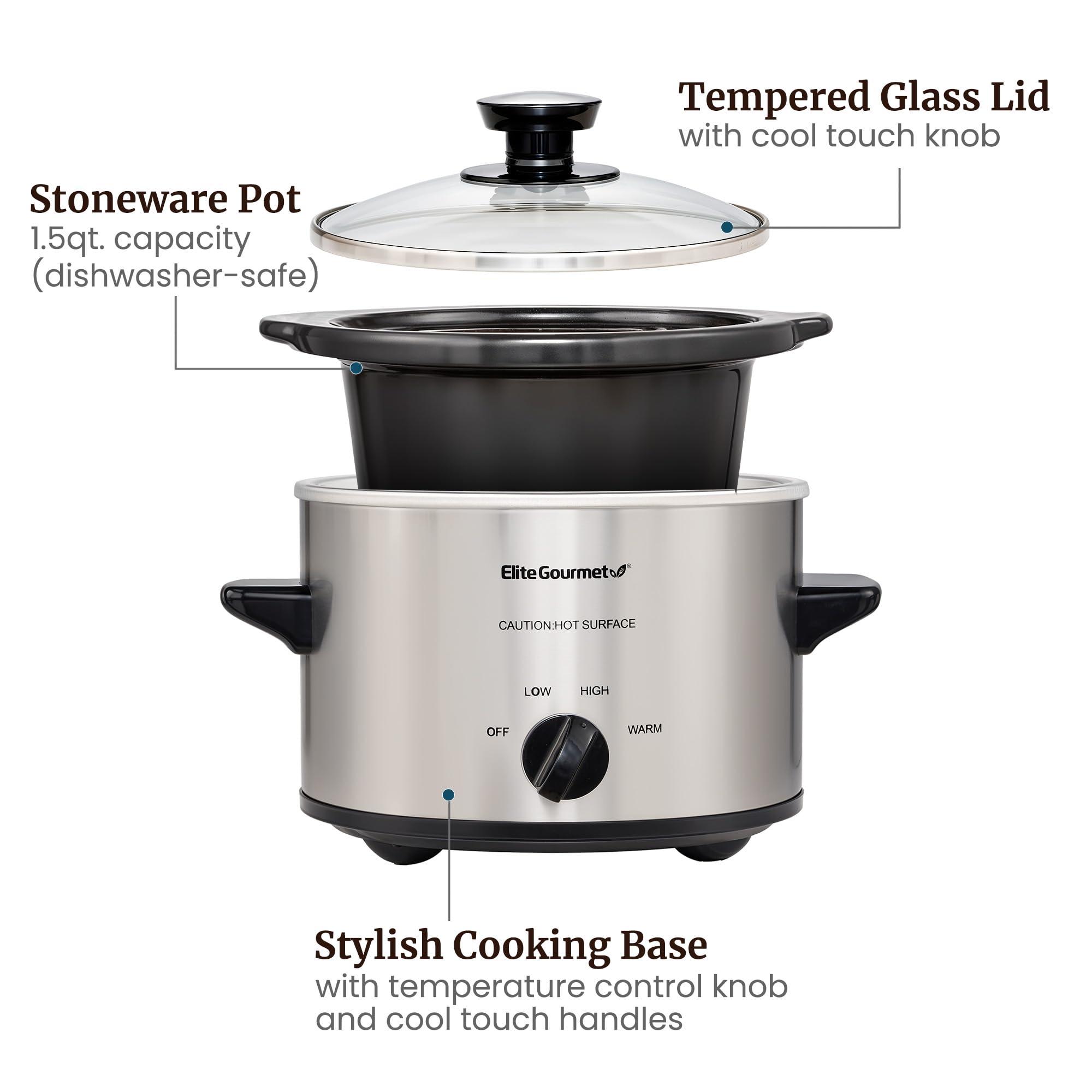 Elite Gourmet Elite Gourmet MST-250XS Electric Slow Cooker Ceramic Pot, Adjustable Temp, Entrees, Sauces, Stews & Dips, Dishwasher Safe Glass Lid & Crock, 1.5 Quart, Stainless Steel